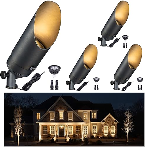 Gardenreet Iluminación de paisaje de latón Focos exteriores de bajo voltaje, luces LED con cable de 12 V, luces de punto impermeables, bronce