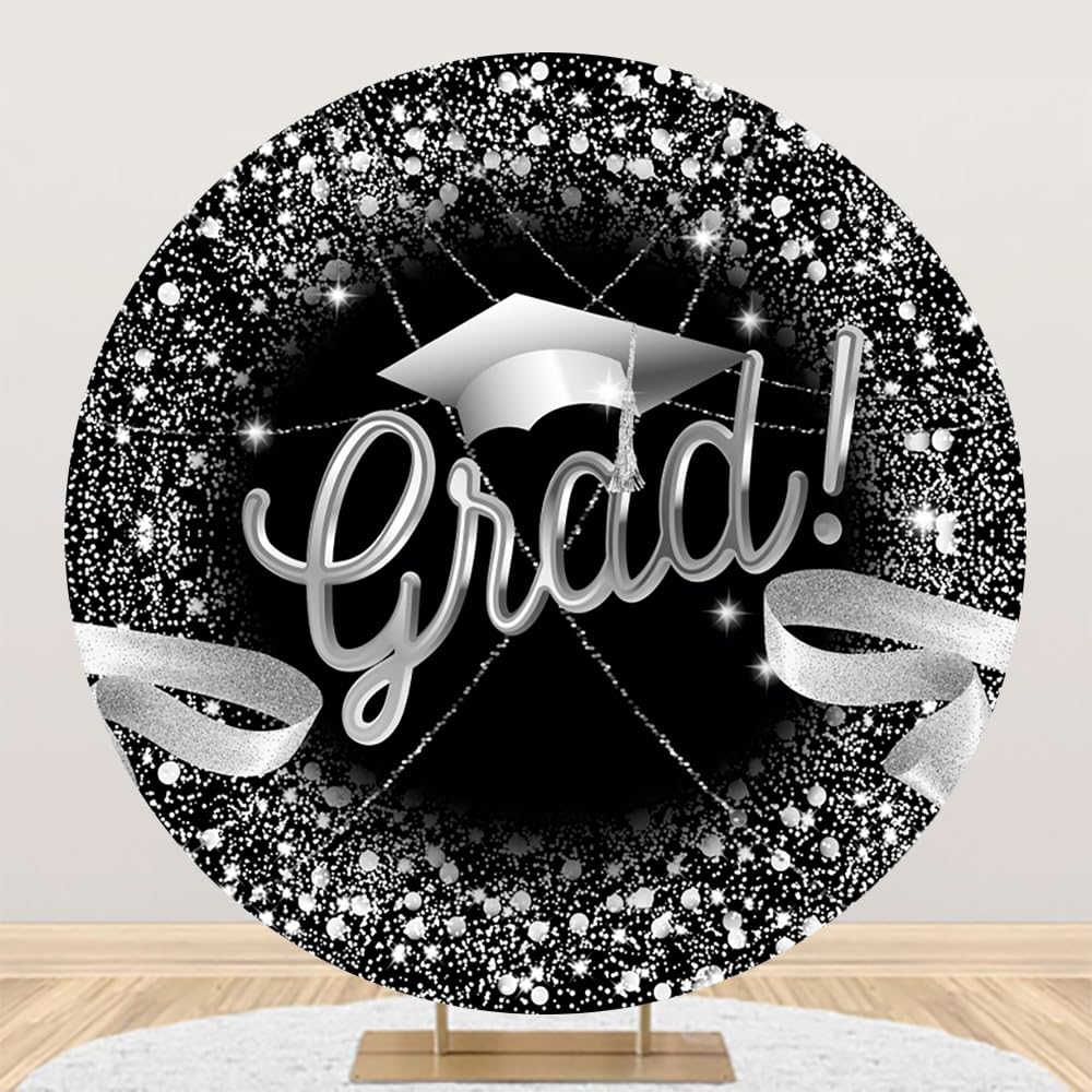 Renaiss 6.5x6.5ft Graduation Cap Round Backdrop Cover for Photoshoot Boys Girls Graduates Portrait Silver Black Circle Photography Background Congrats