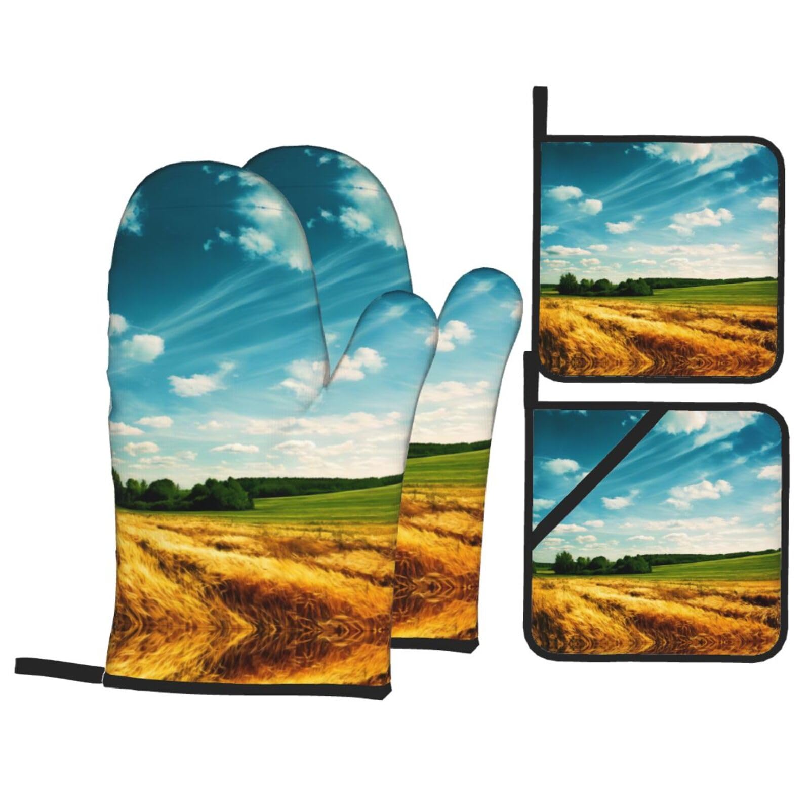 Wheat Field Printed Baking 4-Piece Set, includes oven mitts and a heat-resistant mat, suitable for oven and BBQ use