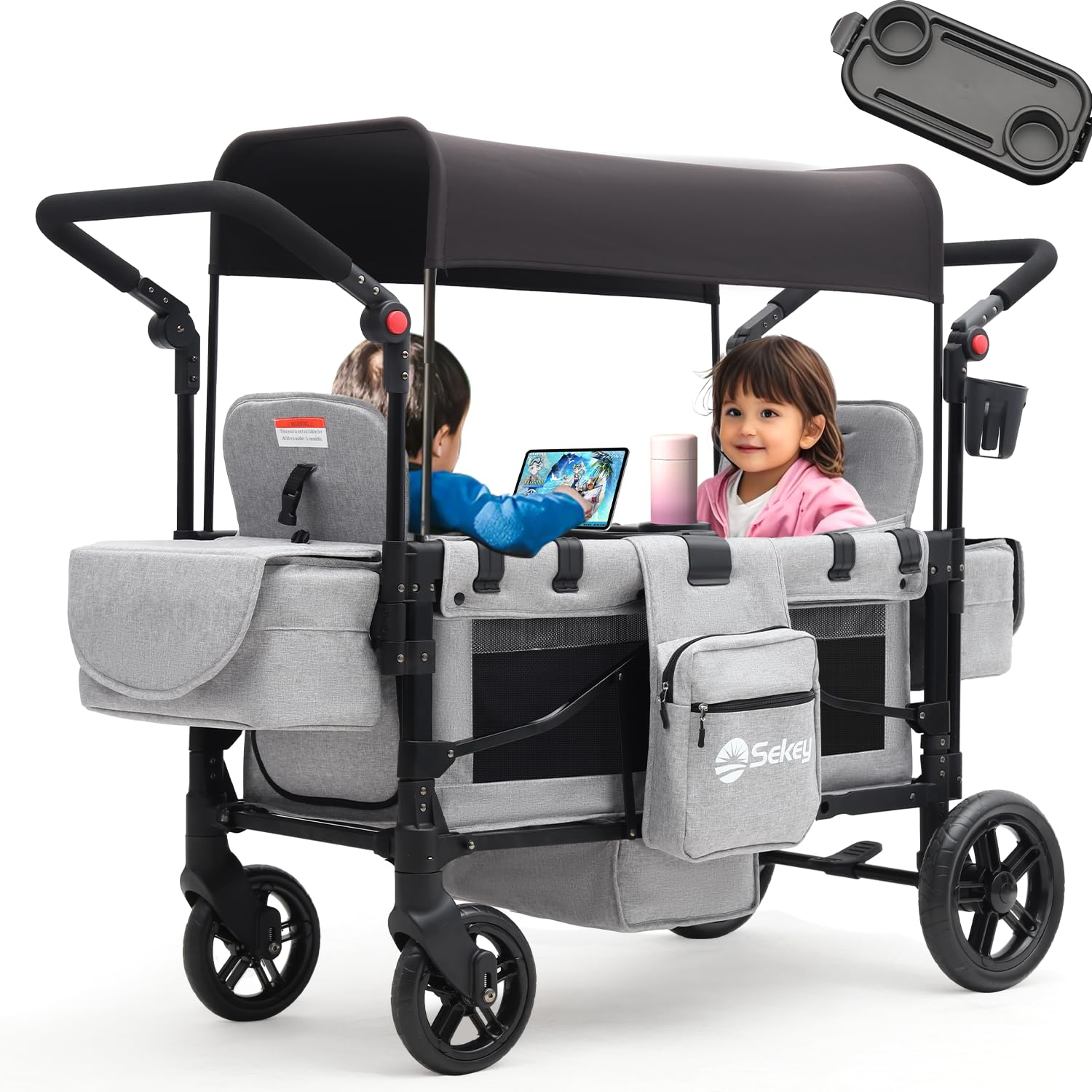 Sekey Bollerwagen Kinder Zwillingsmodus – Faltbar mit Dach, Duo-Sitze, 5-Punkt-Gurtsystem (Grau, Premium)