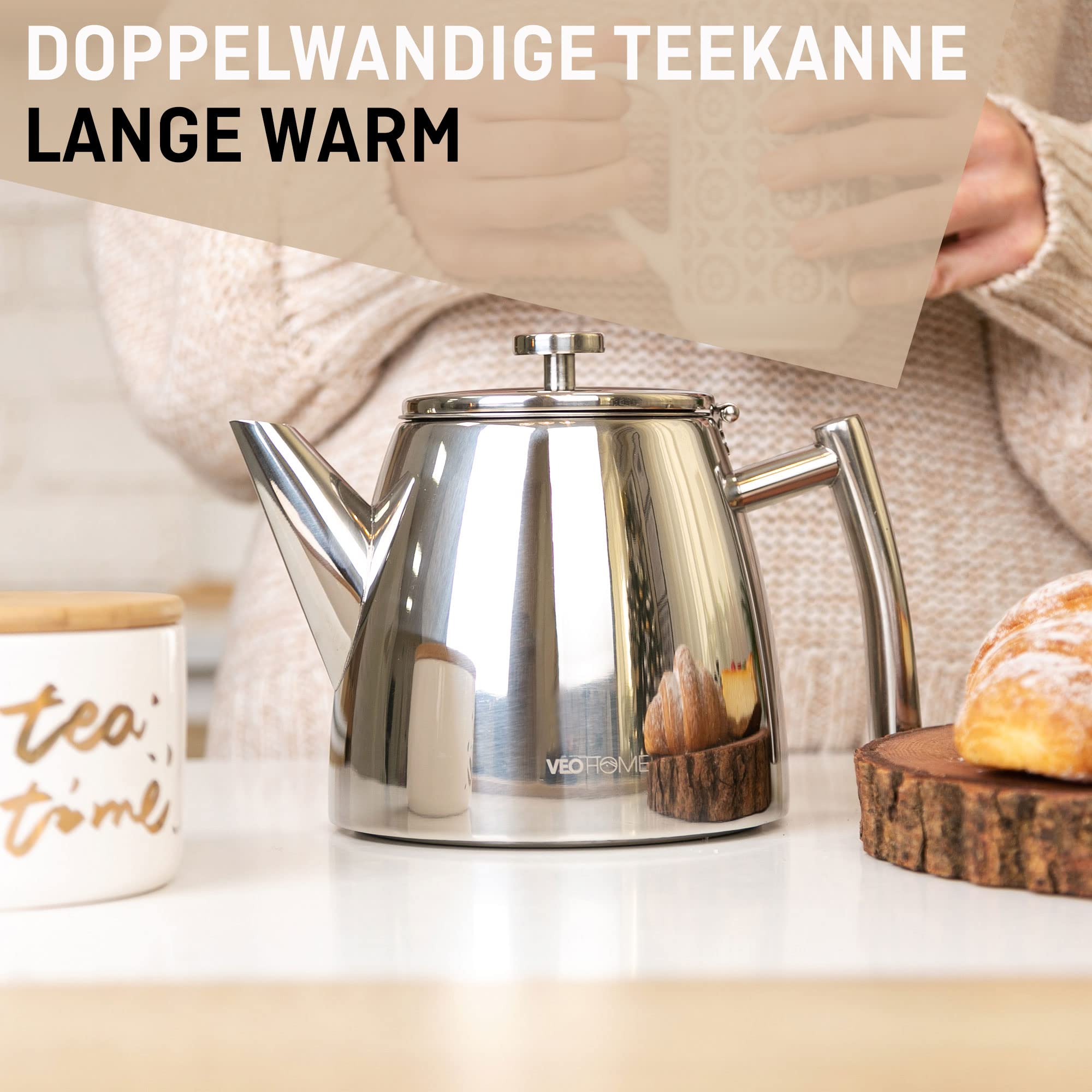 Teekanne aus rostfreiem Edelstahl (0,5L) - Mit Tee-Ei für losen Tee Siebeinsatz - Die doppelwandige Isolierung hält Tee länger warm (0,5 L)