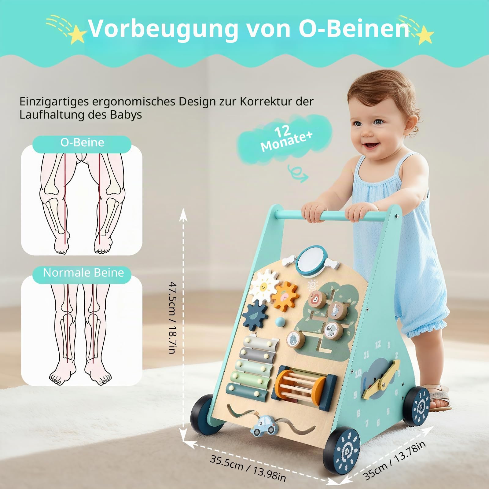 Baby Lauflernwagen aus Holz - Multifunktionale Lauflernhilfe mit Motorikspielzeug - Montessori Lernspielzeug mit Griff - 8 Verschiedene Spielbereiche Geschenk für Jungen und Mädchen ab 1 Jahr