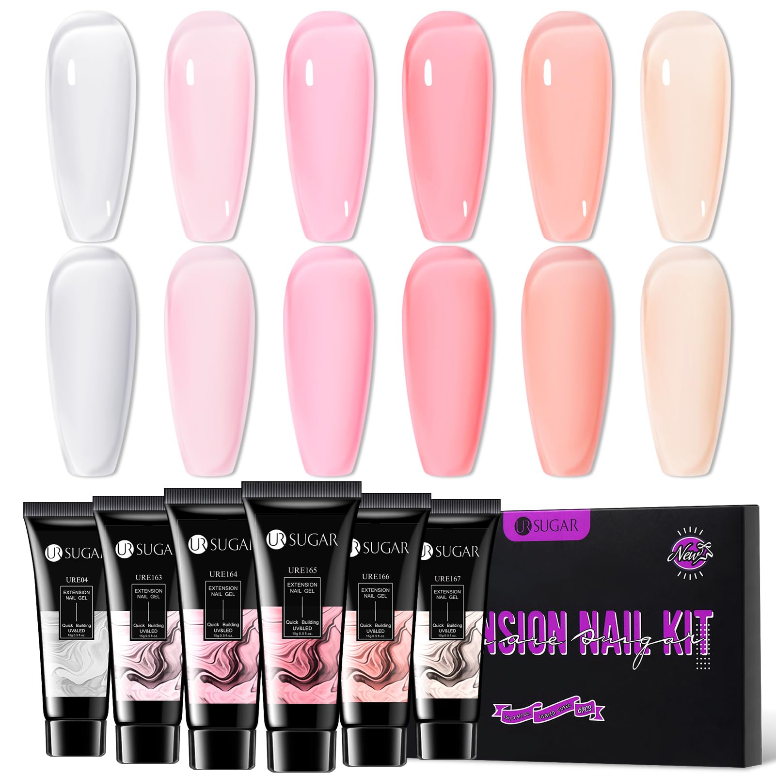 UR SUGAR Poly Extension Gel Kit - 6 Colors All Season Jelly Milky White Pink Nude Brown Sheer Poly Nail Nail Gel Kit Translucent Builder Clear Gel Home Nail Salon Nail Art Gift for Women