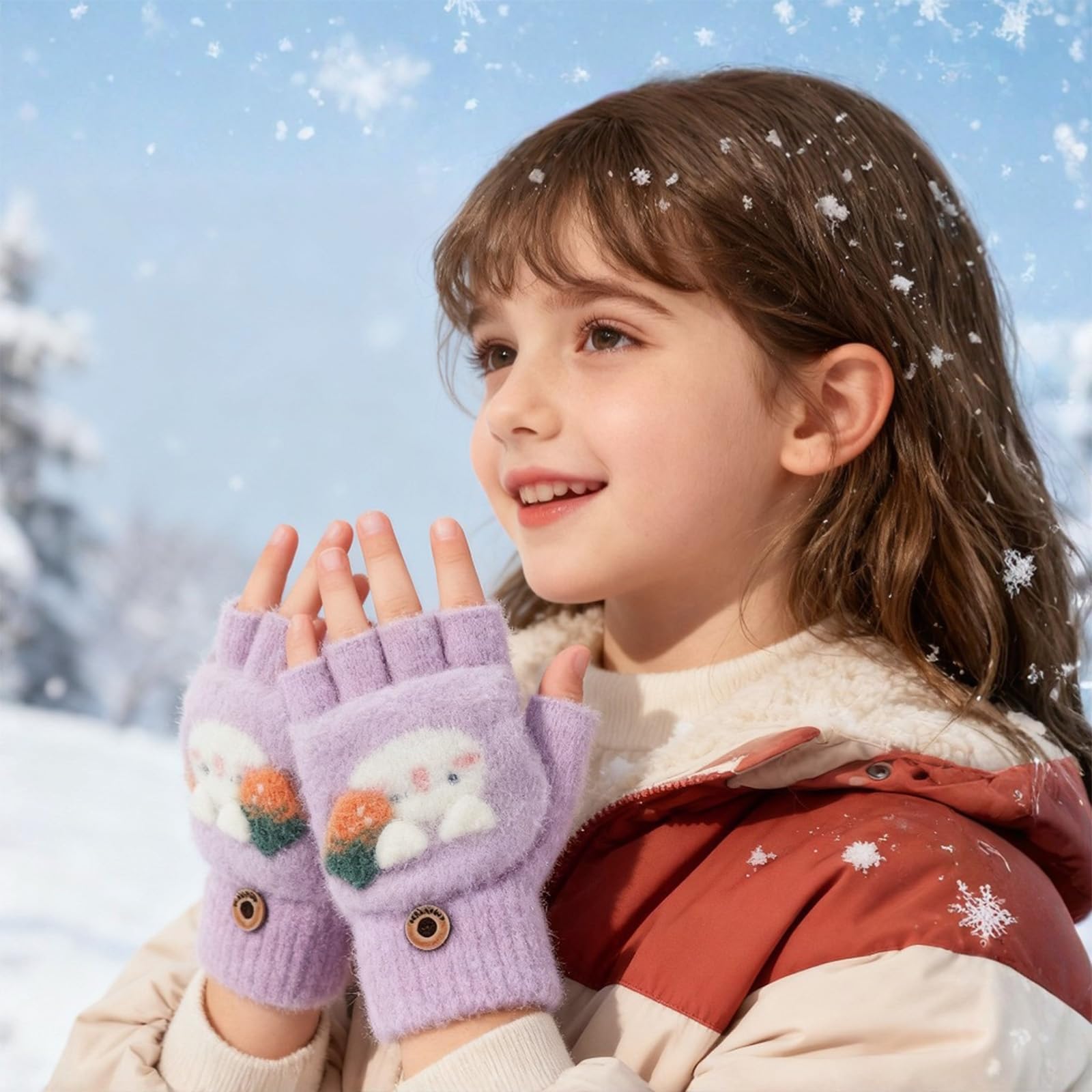 Mitaine avec Rabat pour Enfant Gants Demi-Doigts Chaudes d'Hiver 4-8 Ans