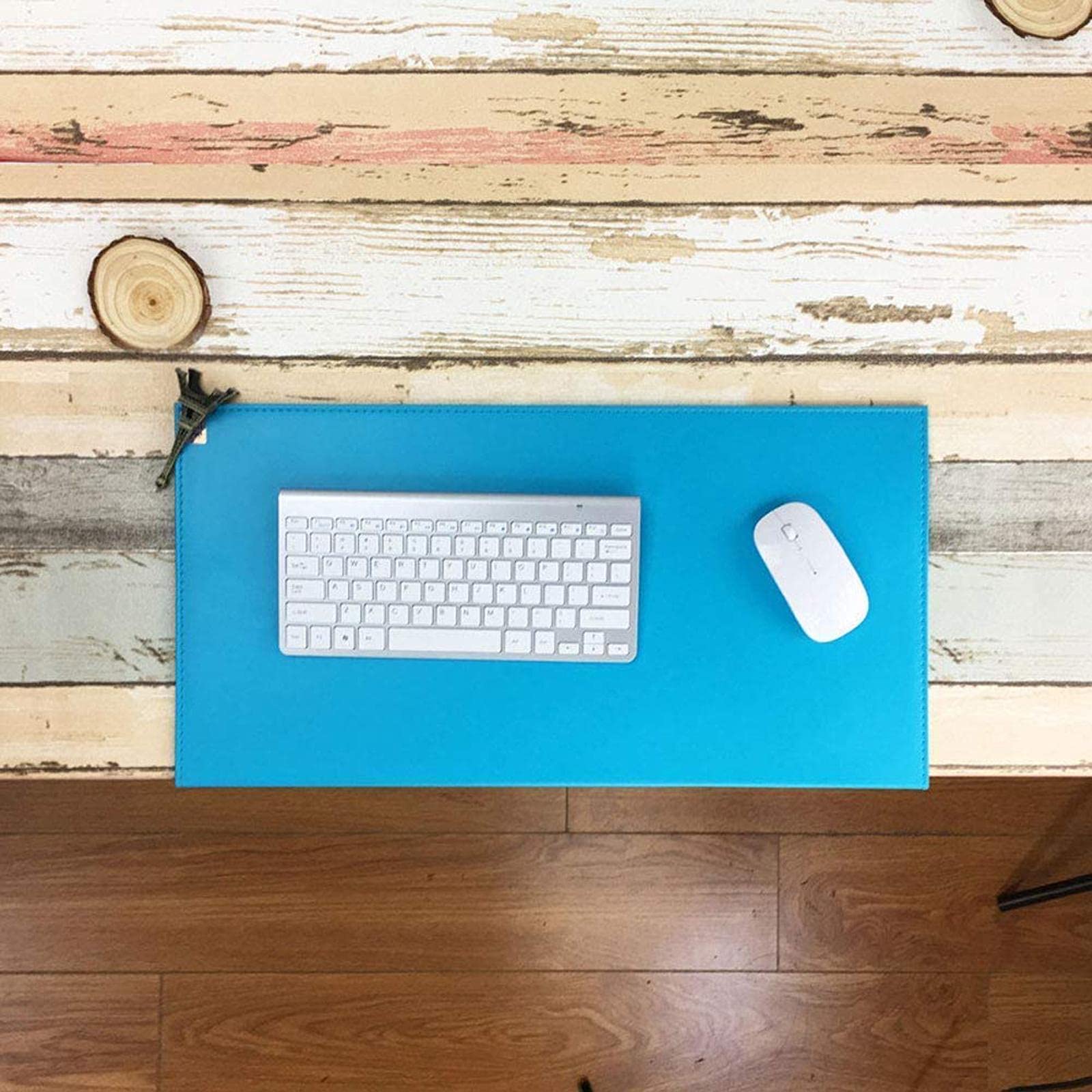 Sous-main de bureau avec bords cousus - Imperméable - Lisse - Avec protection des bords - En cuir synthétique - Facile à nettoyer - Bleu - 50 x 100 cm