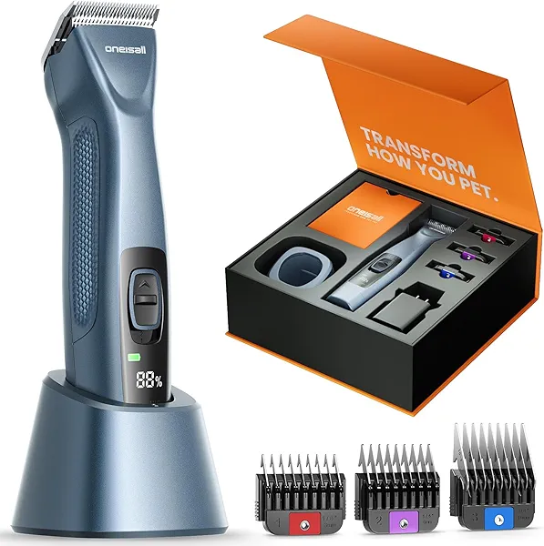 oneisall Cordless Professional Dog Grooming Clippers, 2-Speed Dog Clippers for Grooming Heavy Duty/Thick Hair, Detachable Carbonized Steel Blade Metal Combs, Removable Battery
