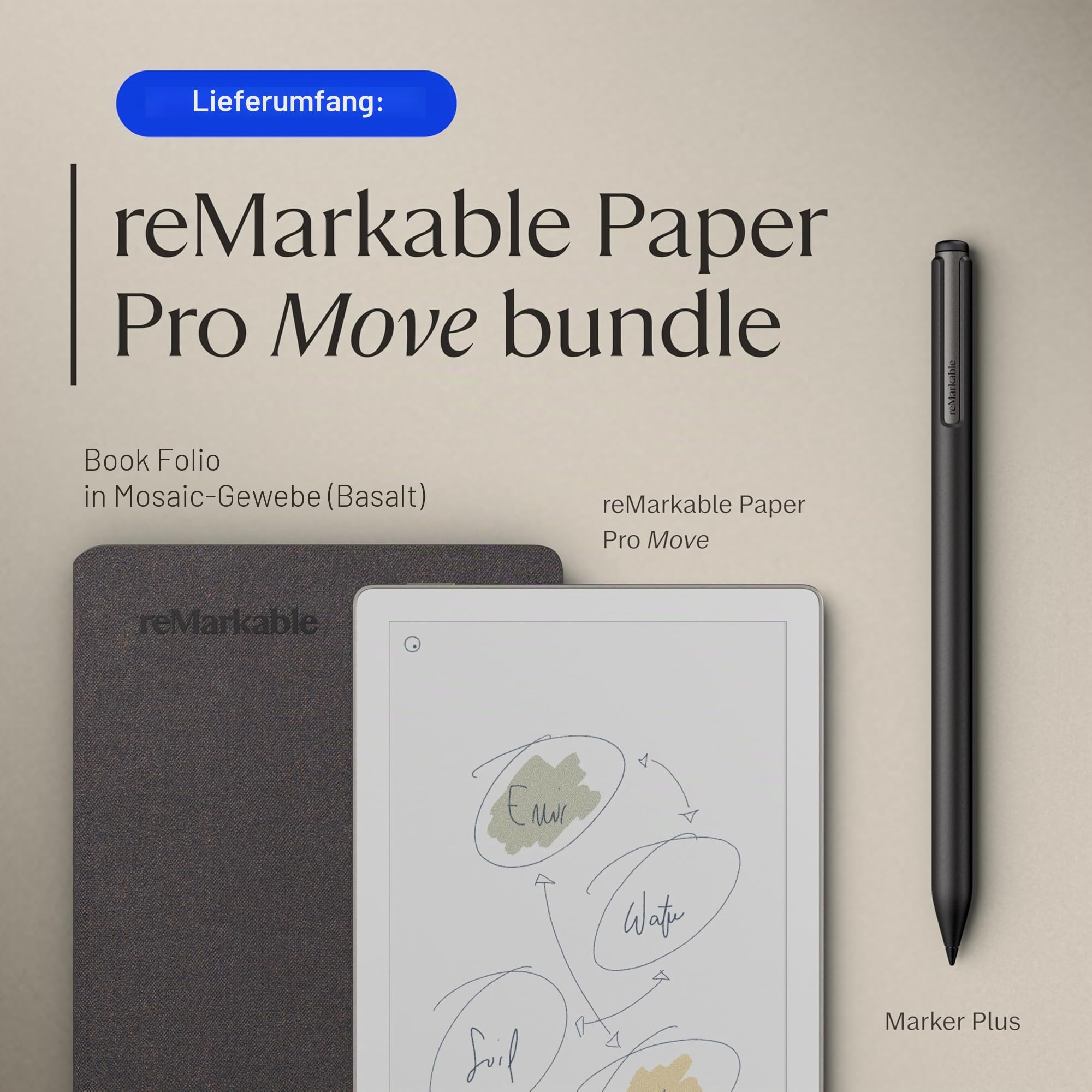 Remarkable Paper Pro Move – Gewebtes Folio-Bündel | ultrahandliches 7,3-Zoll-Farbtablet mit Marker Plus und Radiergummi und Einer Book Folio-Hülle aus Mosaikgewebe – Basalt