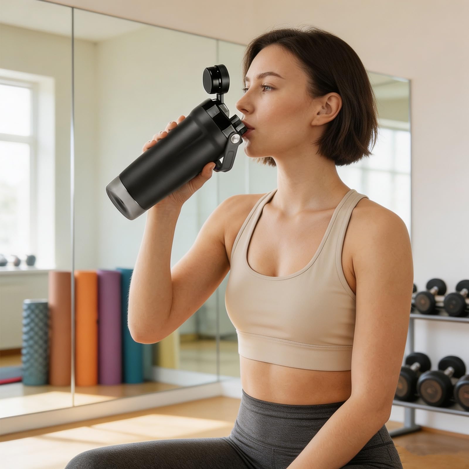 591ML Protein Shaker Botella con compartimento para polvo SUS304 de acero inoxidable con recipiente de almacenamiento y asa