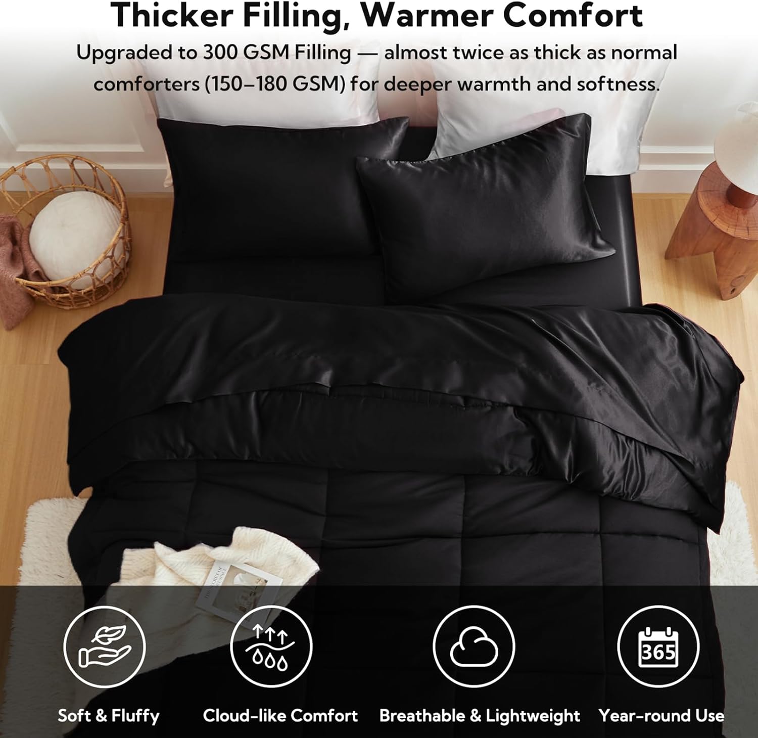 MR&HM Twin XL Comforter Set Black, Reversible Satin Microfiber Comforter Set for All Seasons, 2 Pieces Non-Slip Silky Soft Bedding Sets with 1 Comforter (68"x92") and 1 Pillowcase (20"x26") - Image 3