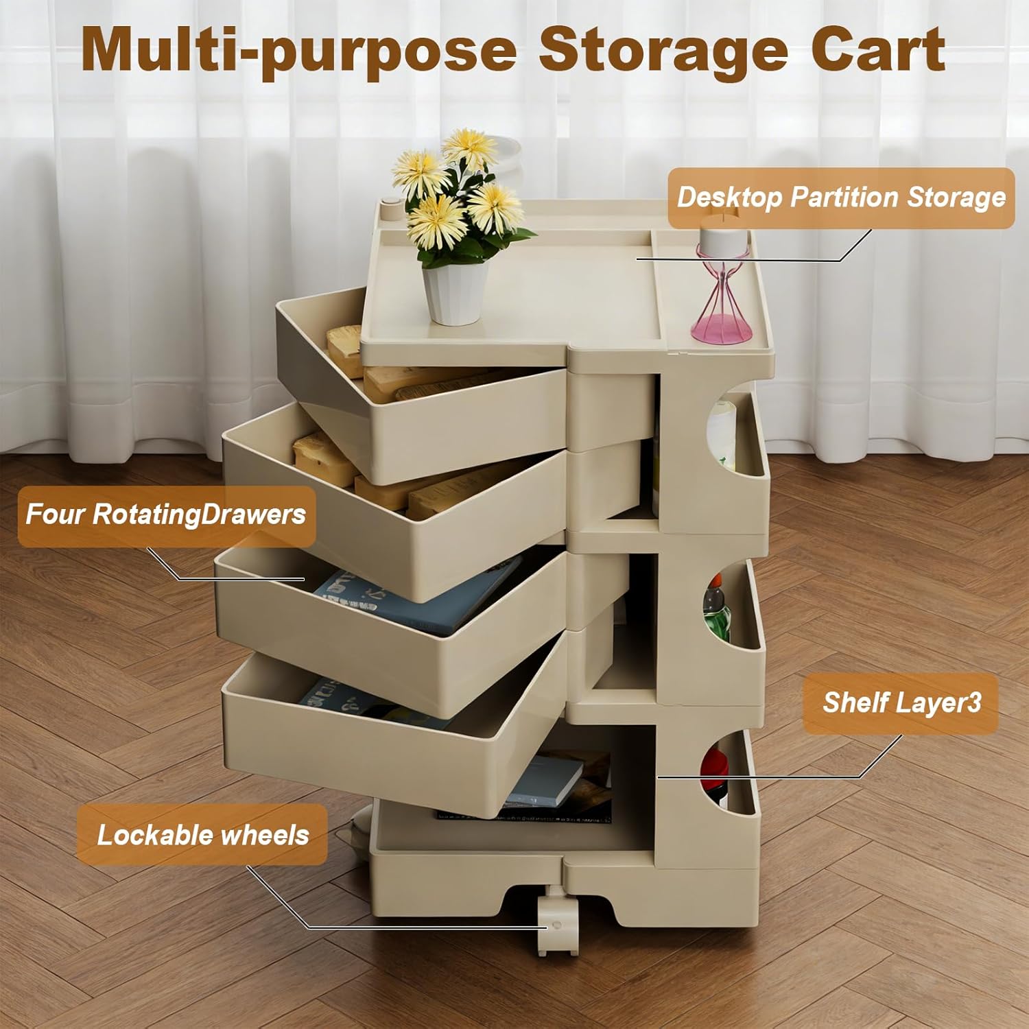 Mobile Storage Cart with 4 Drawers, Art Storage Organizer with Multi-Layer Sorage, Portable Caddy Storage Cabinet Trolley for Salon, Kitchen, Living Room, Khaki
