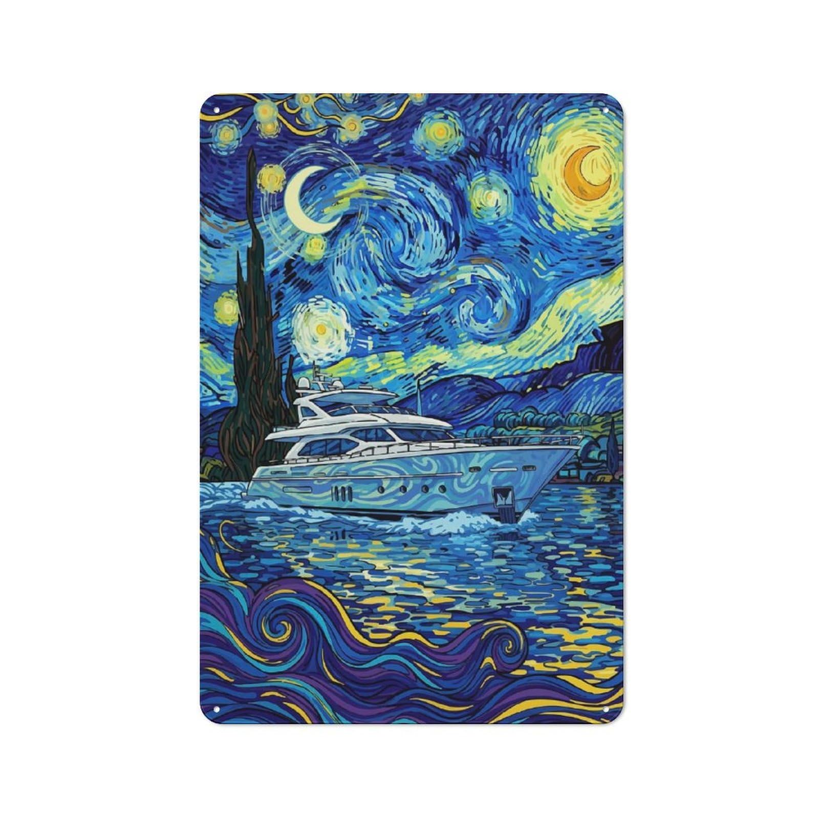 Junmoney Style-7 Metal Wall Sign 30X20cm Featuring Yacht Under Starry Night Sky For Hallway Wall, For Hallway Decor Lovers, For Retro Home Interiors