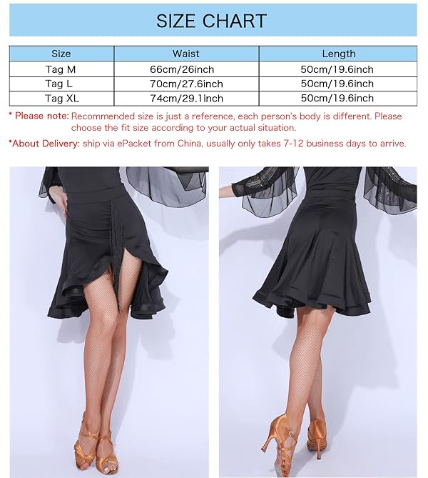 Z&X Women's Latin Salsa Dance Skirt Hi-Lo Fishbone Ruffle Swing Skirt Ballroom Fringe Dancing Skirts with Shorts Tag L, Black by Z&X - Image 3