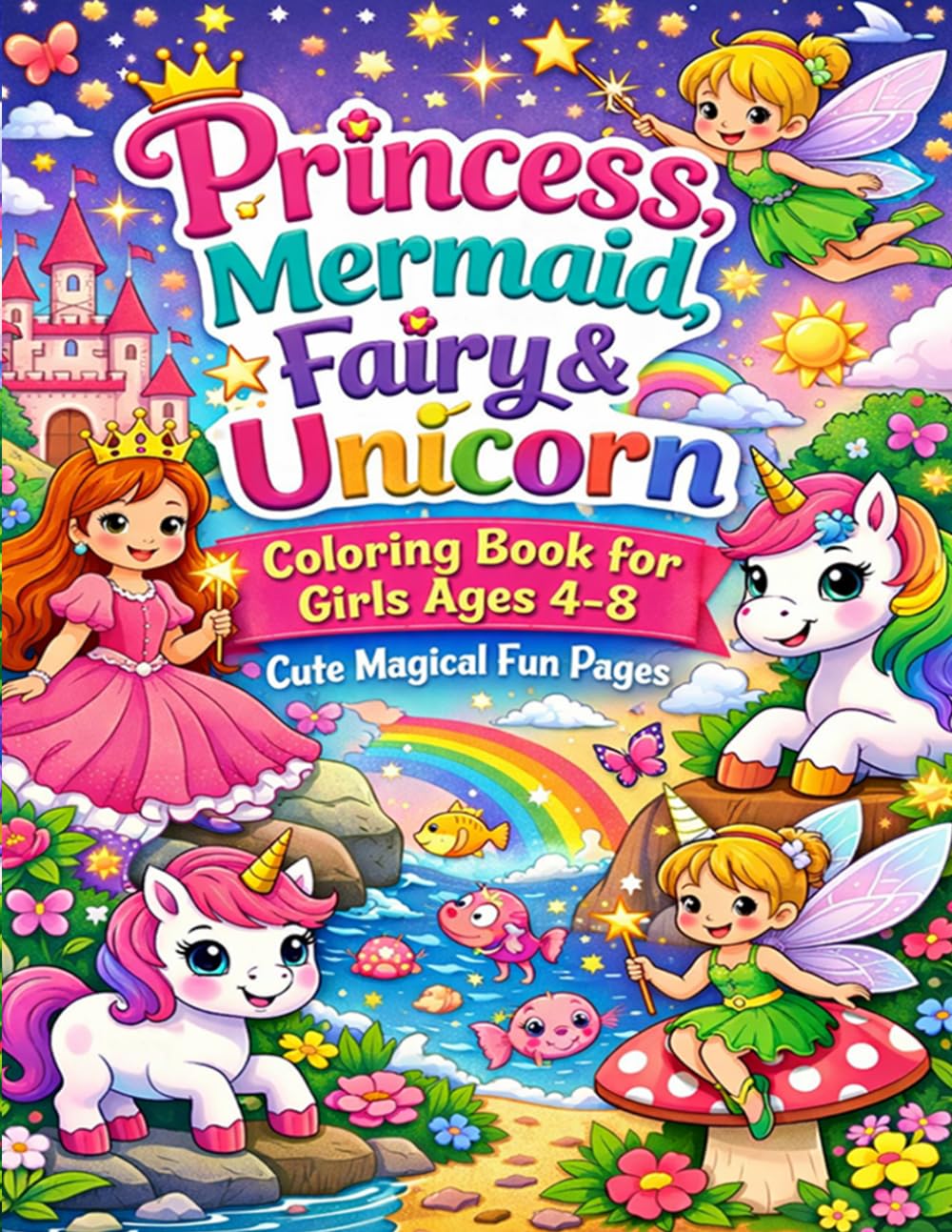 Princess, Mermaid, Fairy & Unicorn Coloring Book for Girls Ages 4-8: Cute Magical Fun Pages