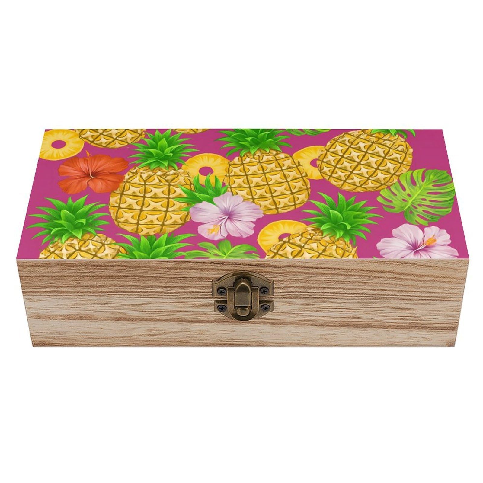 HLBSDM Tropical Pineapples Hibiscus Leaves Retro Wooden Storage Box Jewelry Art Gift Boxs Decorative Keepsake Boxes