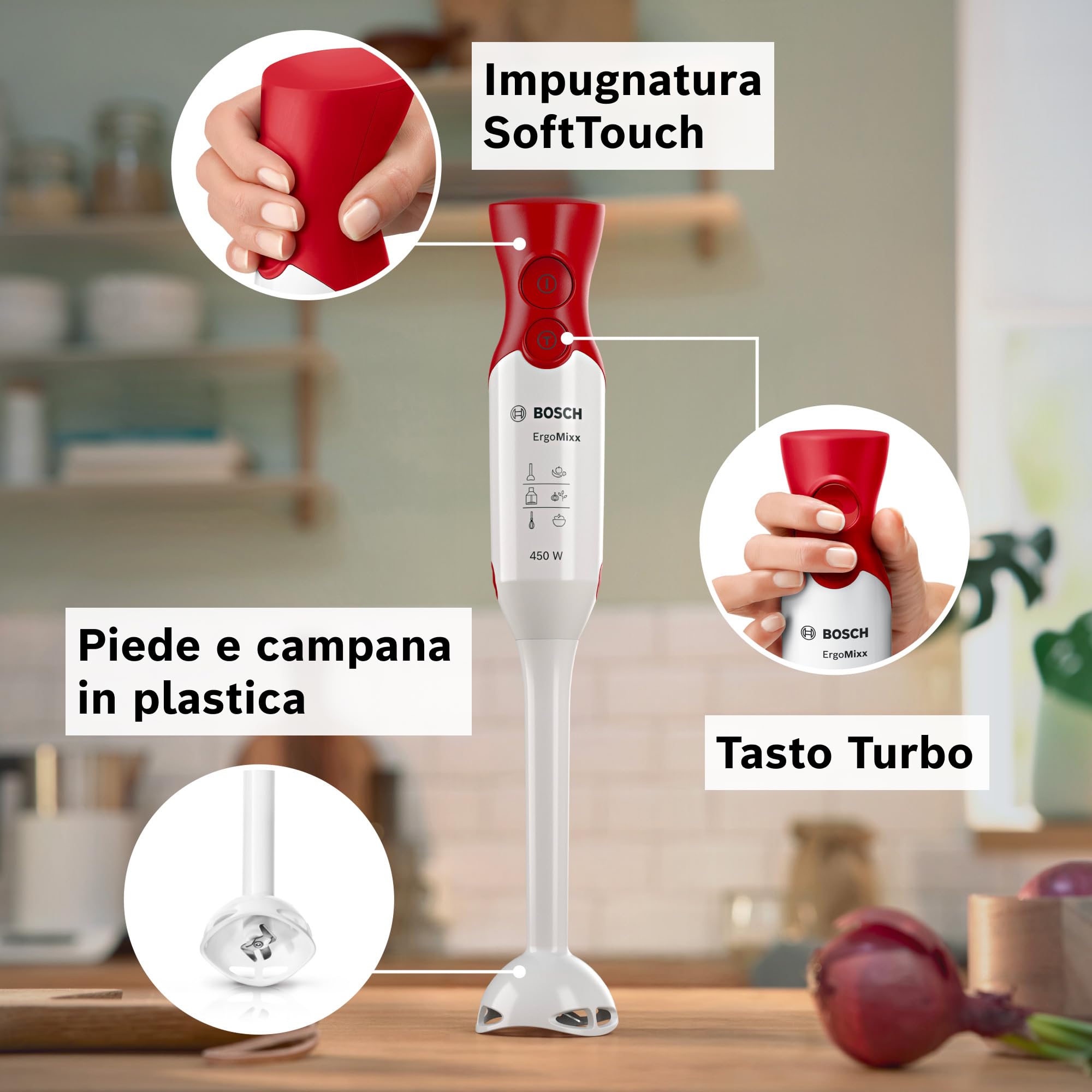 Bosch Frullatore a Immersione MSM64010, 450 W, Impugnatura Ergonomica, Lama a 4 Ali Anti Schizzi, 2 Livelli di Velocità, Bicchiere Graduato Incluso, Bianco, Rosso