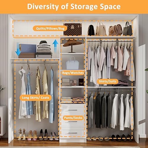 Miniatura 8 de Sistema de armario con cajones, sistemas organizadores de armario de 5 a 8 pies con varillas colgantes expandibles, sistemas de estantería de