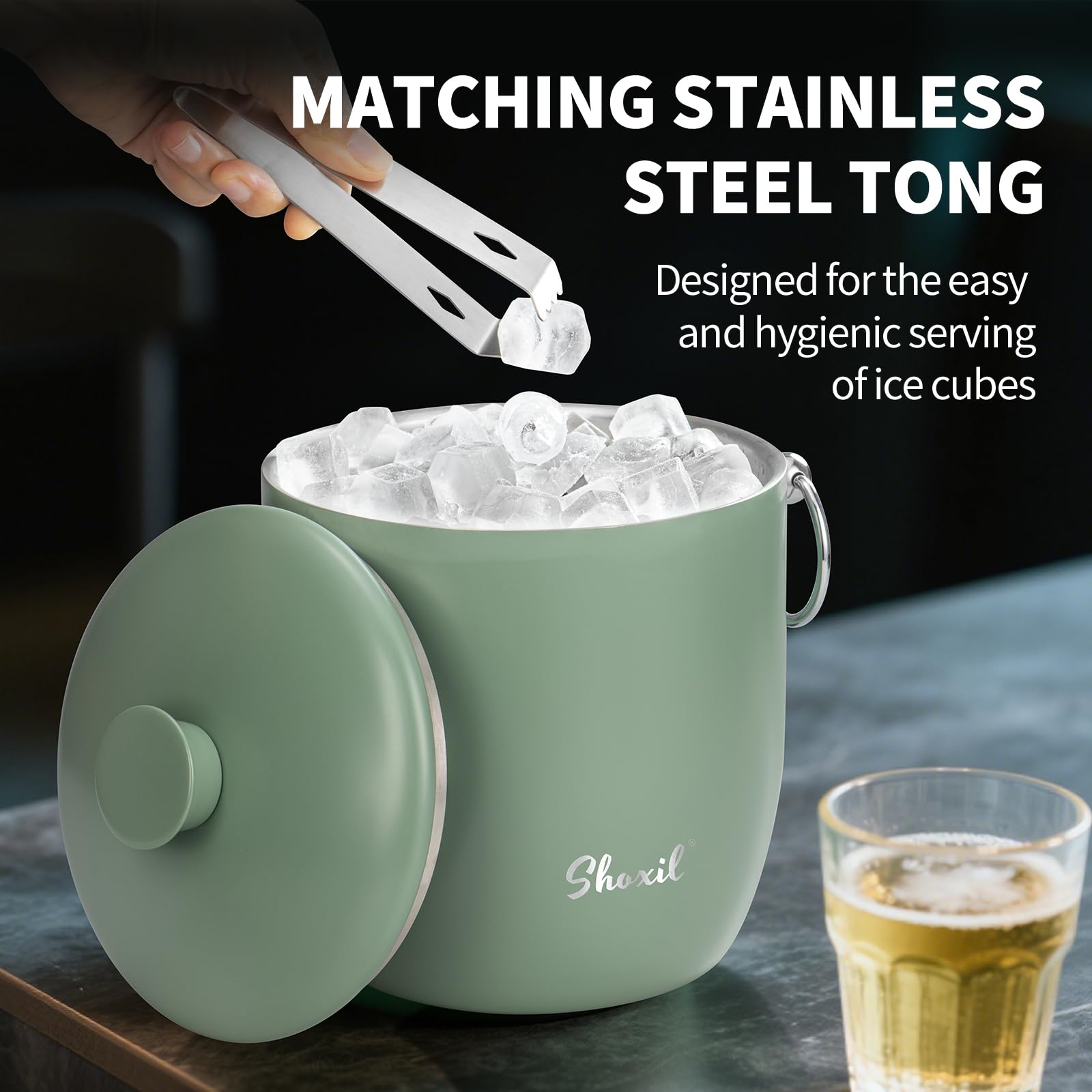 Cubo de hielo grande de 3 litros para fiestas y cócteles, enfriador de hielo de acero inoxidable con tapa y pinzas, cubo de hielo de estilo retro para congelador y bebidas