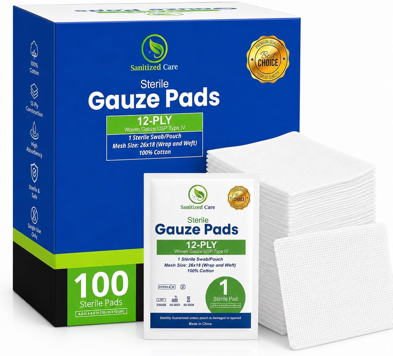 100pc Large Sterile 4x4 Gauze Pads - 12 Ply Woven Gauze Sponges USP IV Breathable Mesh for Wound Care High Absorption First Aid Medical Bulk Sterile Dressing Pads Pack of 100 Units
