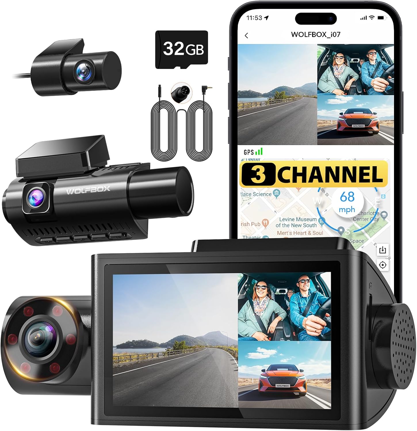 WOLFBOX i07 3 Channel Dash Cam & 33Feet Rear Camera Longer Replacement Cable