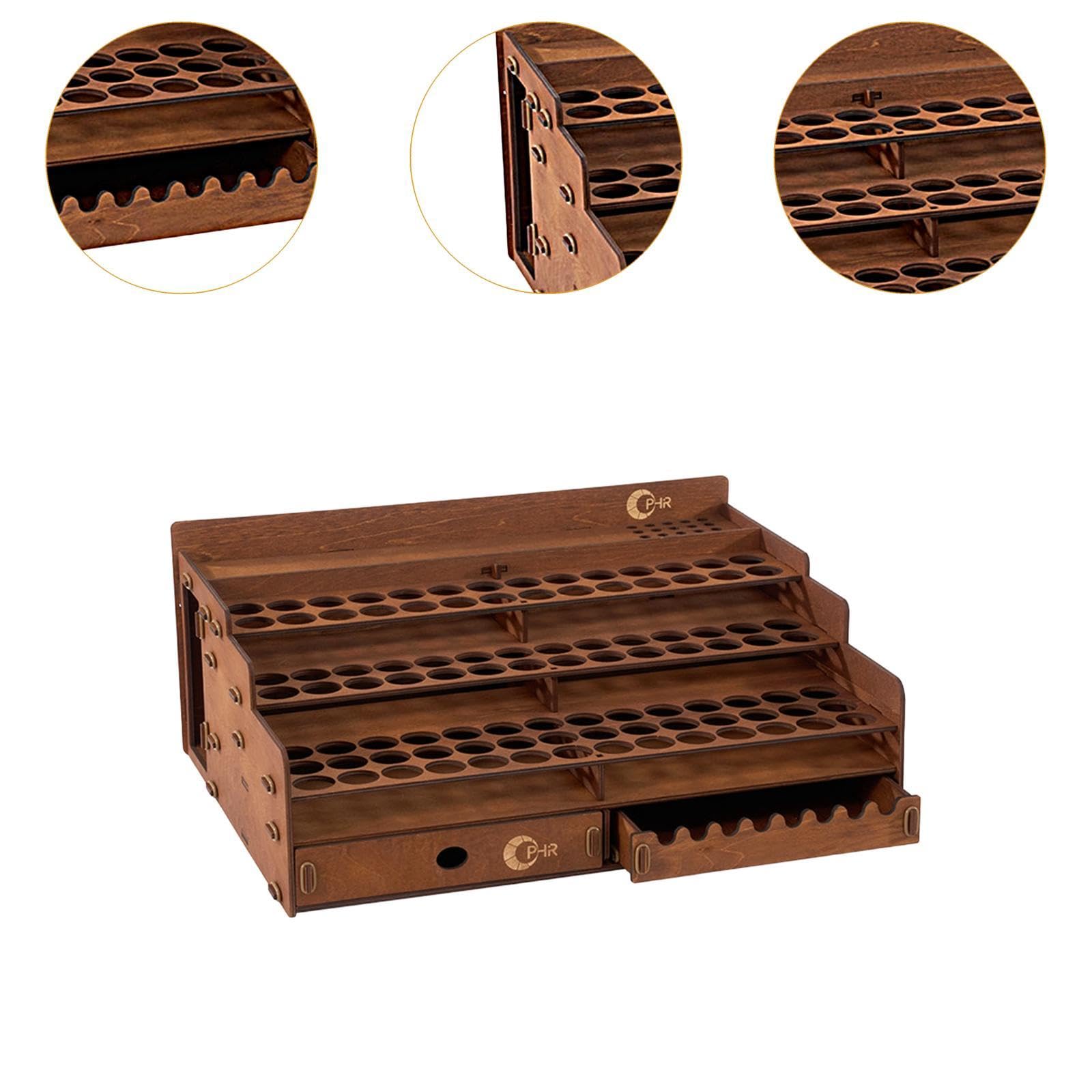 Qianly Paint Storage Organizer Holzstruktur Pinselhalter Aufbewahrungsfach Schublade Stifthalter mit Hoher Kapazität für Künstler Modellbau Heimwerkstatt, 98 Löcher