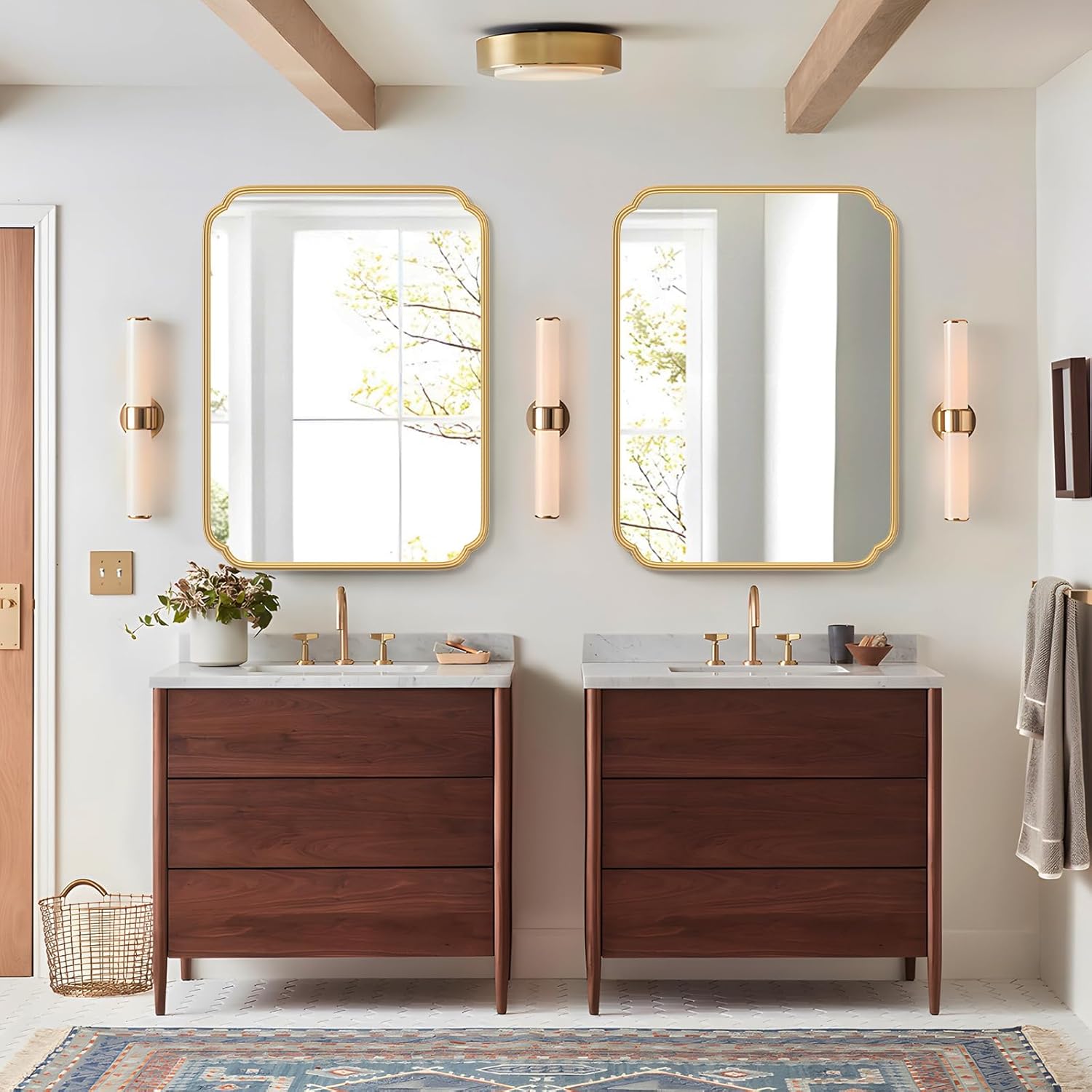 Ferytange 30" x 40"Gold Bathroom Mirror for Over Sink, Modern Rounded Corner Rectangle Wall Mirror for Bathroom Vanity Decorative with Non-Rusting Iron Metal Framed (Horizontal/Vertical)