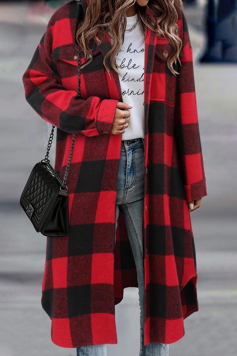 CHICZONE Womens Plaid Shacket Jacket Long Corduroy Shirt Casual Lapel Button Down Flannel Trench Coats - Image 4