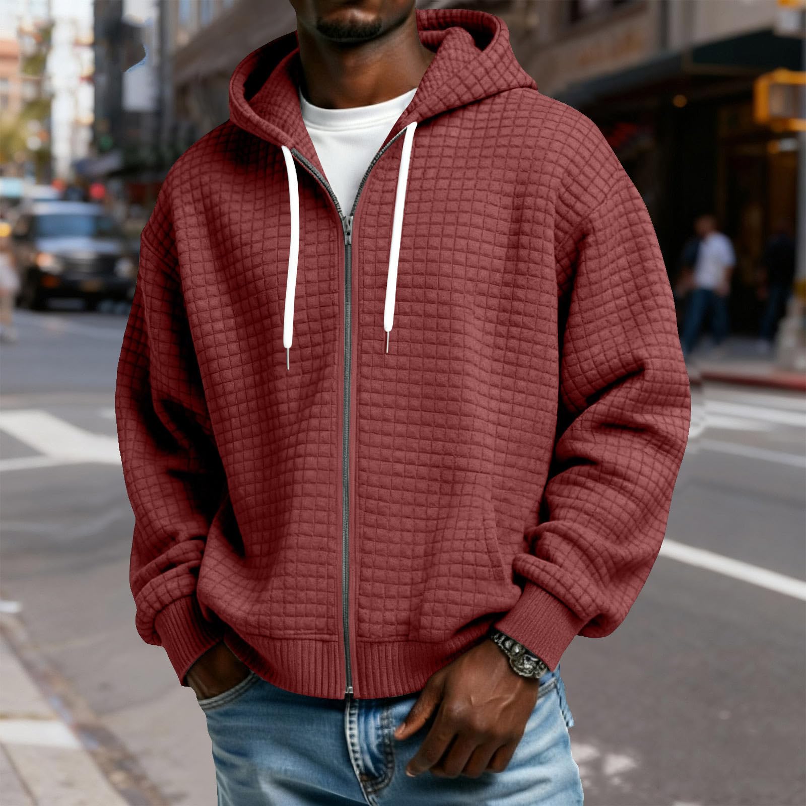 Sweatjacke Herren Mit Kapuze Sweatshirt Jacke Waffelmuster Einfarbig