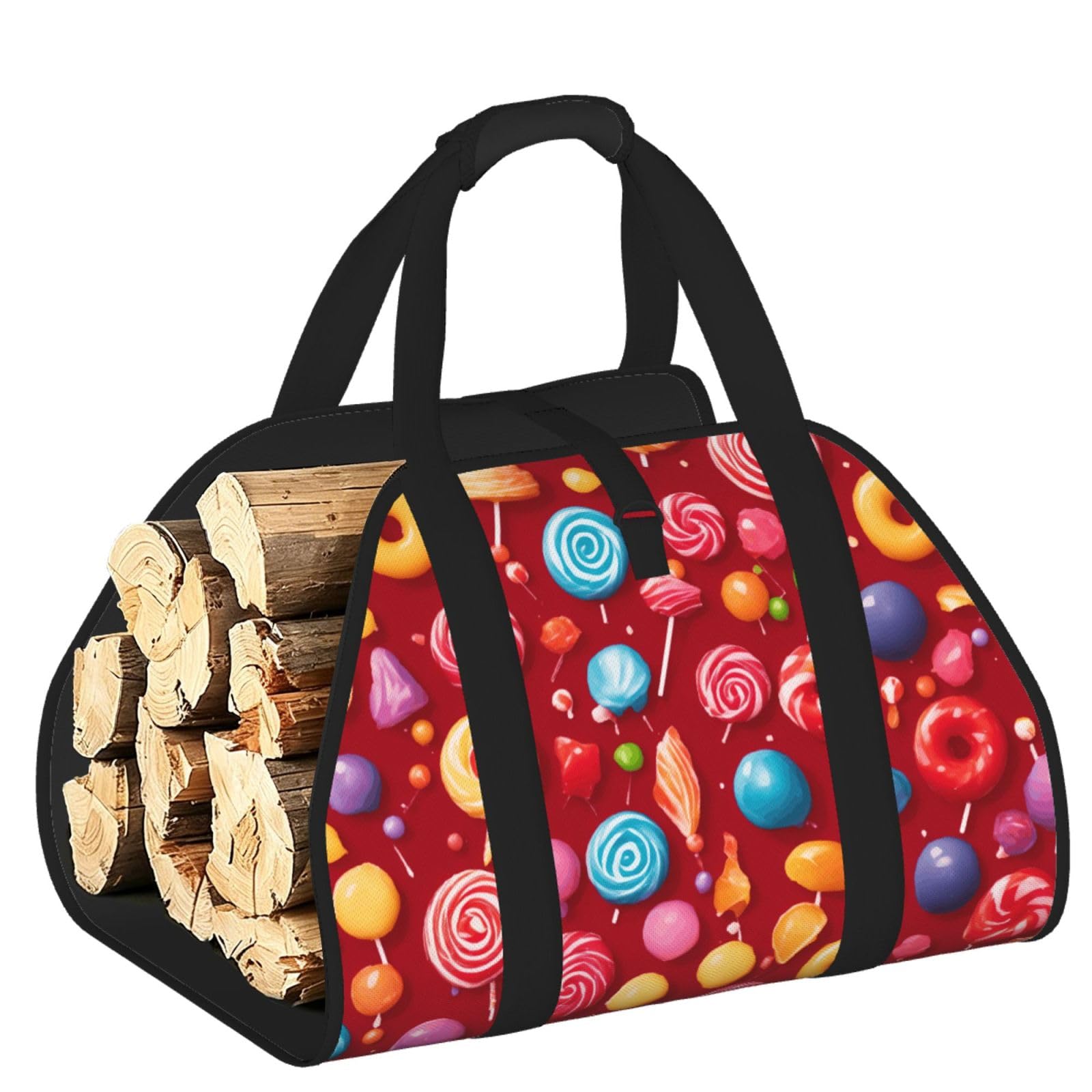 Pphgut Black Lollipop Print Firewood Bag Wood Carrier Transport Sack Camping Picnic Storage Daily Home