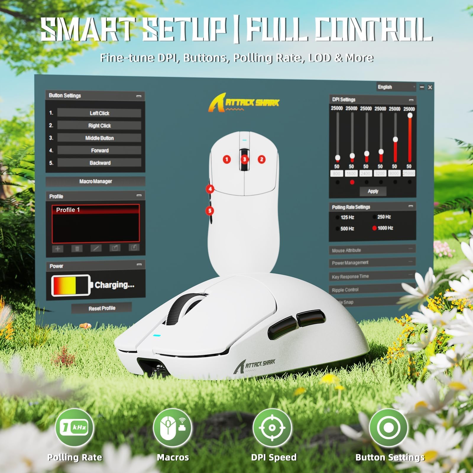 ATTACK SHARK X8 SE Mouse da Gaming Wireless, Leggero 55g, Sensore PAW3311, Chip BK52820, 25.000 DPI, Connessione BT/2,4G/USB-C, 80 Milioni di Click, Batteria 500mAh, Driver Web per PC/Mac–Bianco