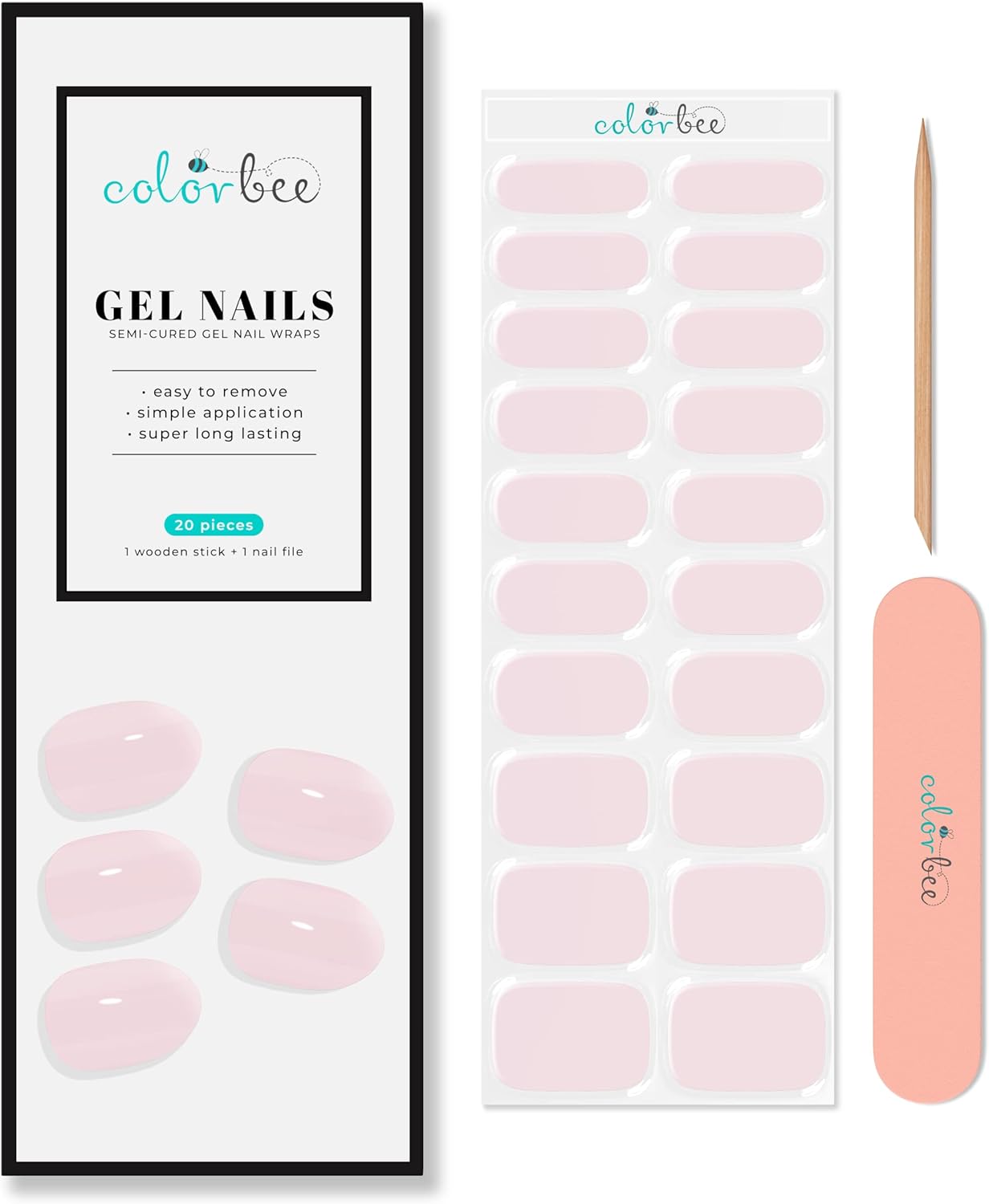 Semi Cured Gel Nail Strips- Nail Polish Strips- Gel Nail Art Polish Stickers- Long Lasting &amp; Easy to Apply- Works with Any UV Nail Lamp Light Pink
