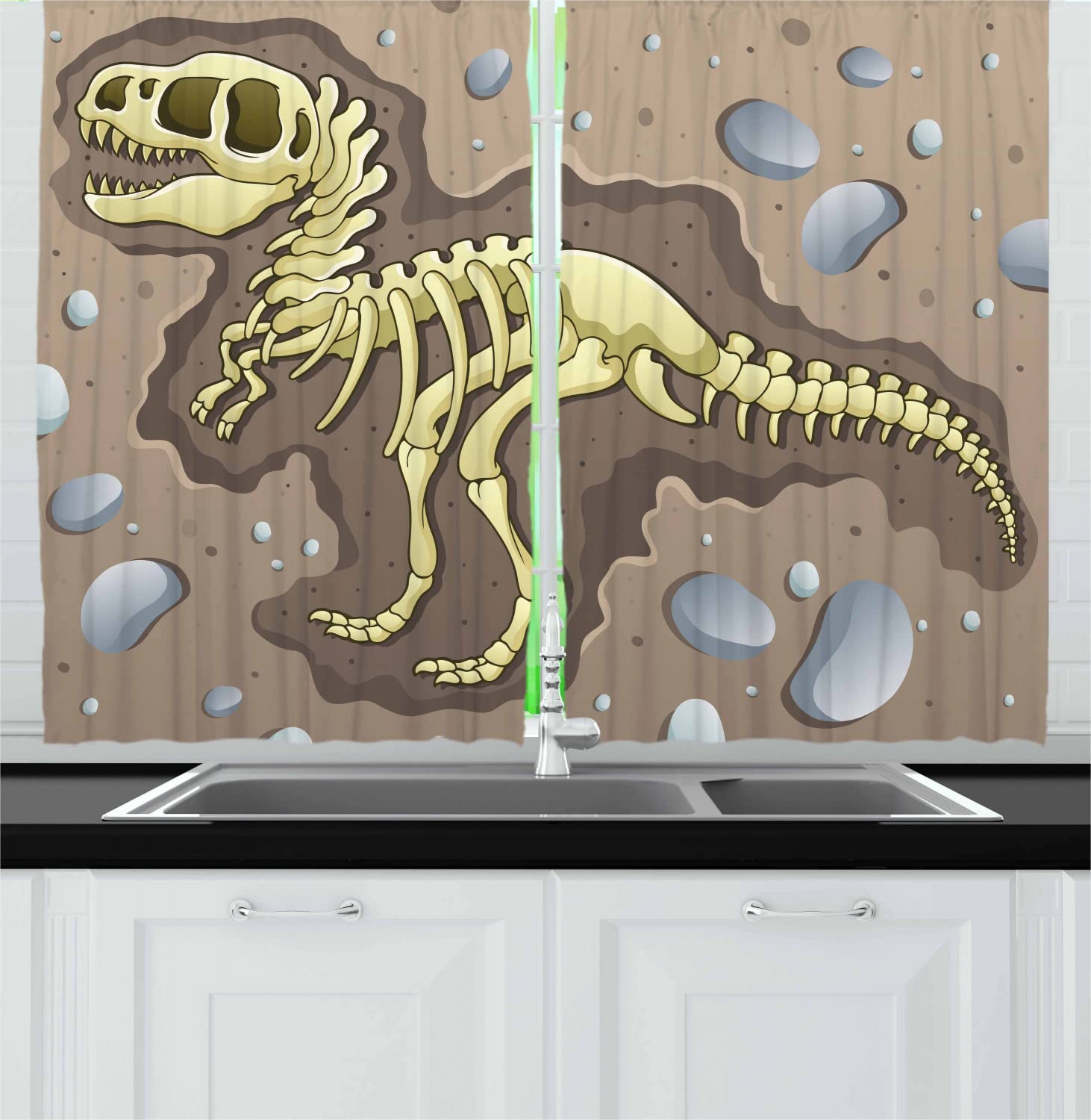 Lunarable Dinosaur Long Kitchen Curtains, Cartoon Style Illustration of Dinosaur Skeleton Excavation Site, 2 Panel Set Drapes with Rod Pocket Room Decor, 55