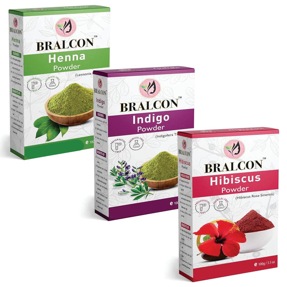 BRALCON Organic Henna, Indigo, Hibiscus Powder Combo - 300g(100g x 3 Pack)| Henna Powder, Indigo Powder, Hibiscus Flower Powder for Skin Care, Hair Growth, Conditioning & Anti-Dandruff, Hair Colour-picture-16
