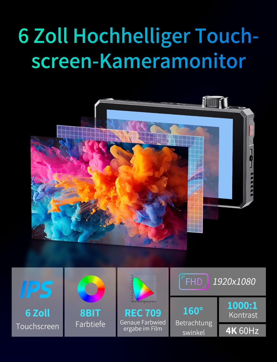 FEELWORLD SC6 3G-SDI Kamerabildschirm 6 Zoll Touchscreen 1500Nit Full HD 1920x1080 IPS Monitor mit 4K 60Hz 3D LUT HDR, Aluminiumgehäuse, inklusive F750 4400mAh Akku und Tasche