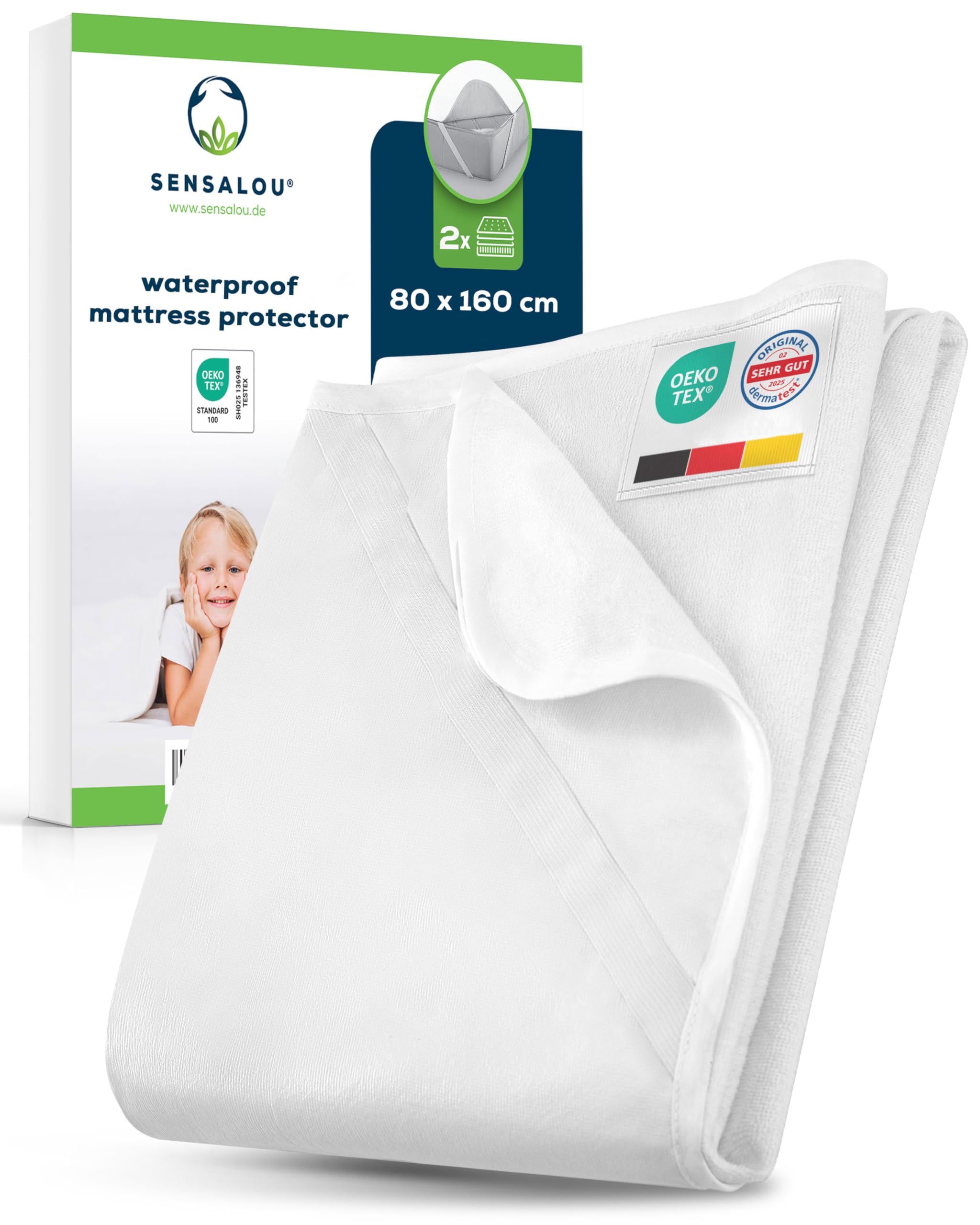 Sensalou White Waterproof Mattress Protector 80X160 Cm – 2-Pack Junior Bed Covers With Elastic Corner Straps, Soft Terry Surface, Hypoallergenic, Breathable, Washable At 95°C, Quiet Mattress Pads
