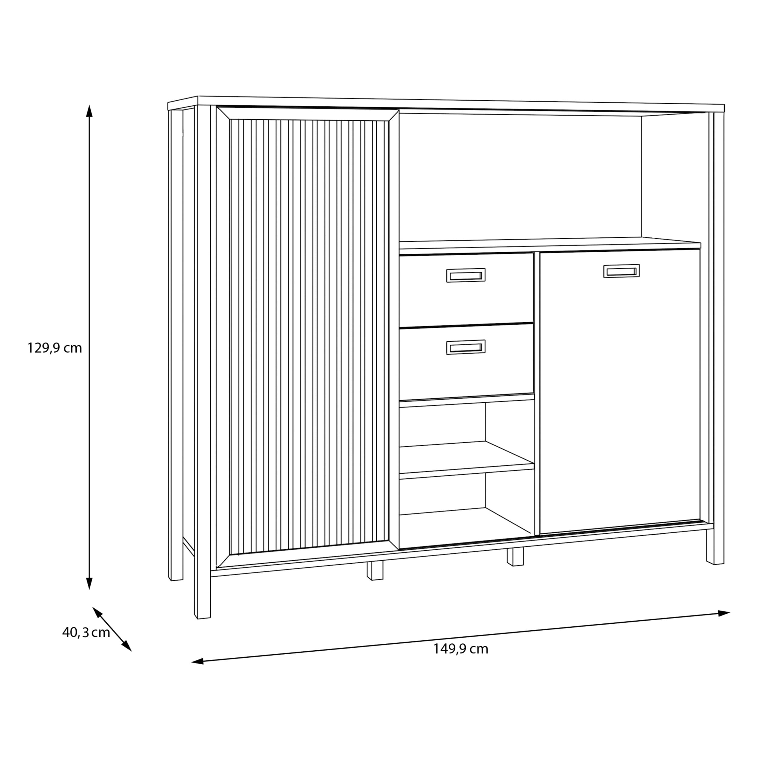 Forte JYTANA Schrank 150, skandinavischer Schrank mit 2 Schubladen und Schranktüren und 3 Regalfächern, Riva Eiche Holzdekor, 149,9 cm breit x 129,9 cm hoch x 40,2 cm tief