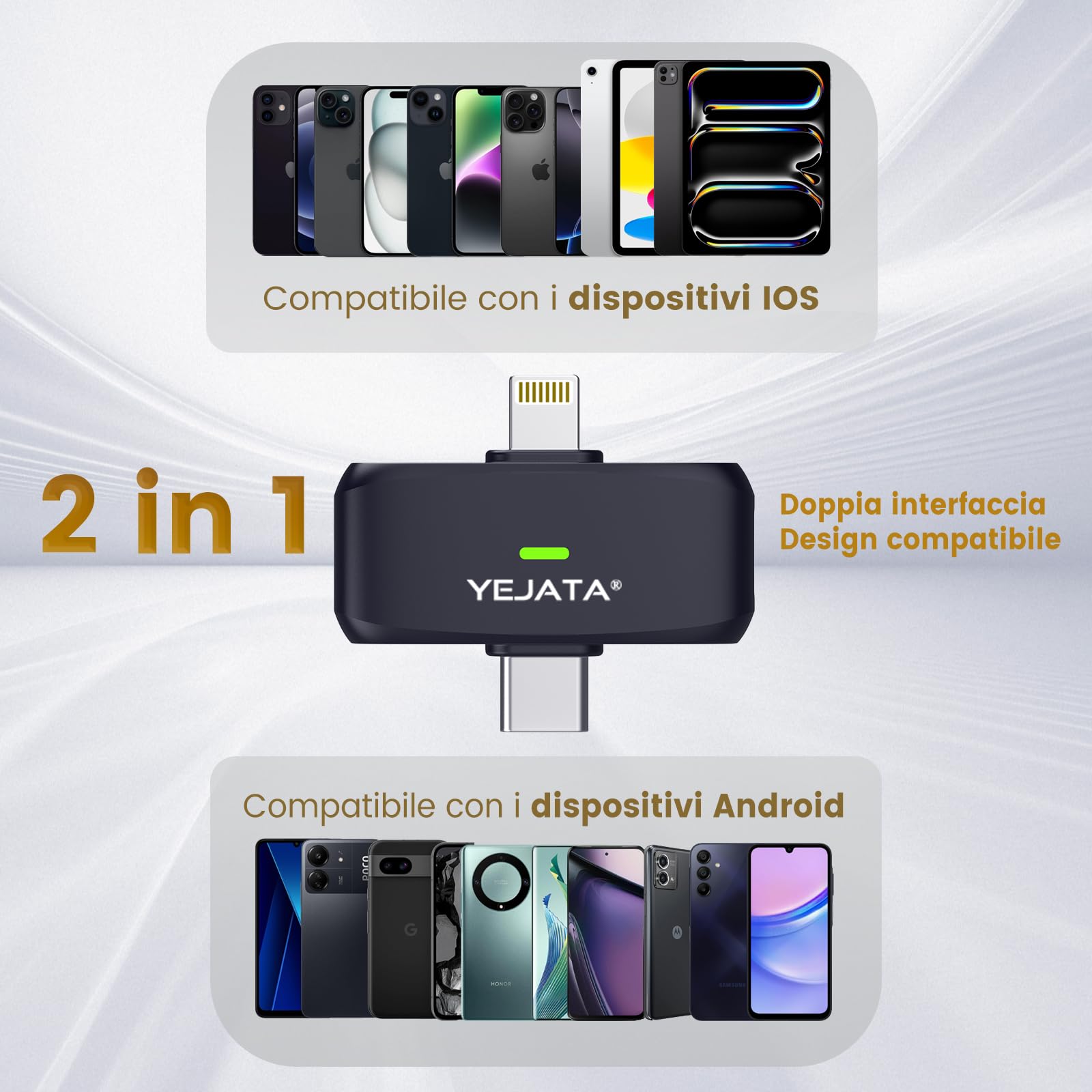 Microfono wireless 2 in 1 per iPhone e Android, mini microfono a riduzione del rumore con custodia di ricarica da 40 ore, clip magnetica per colloqui, 25 metri