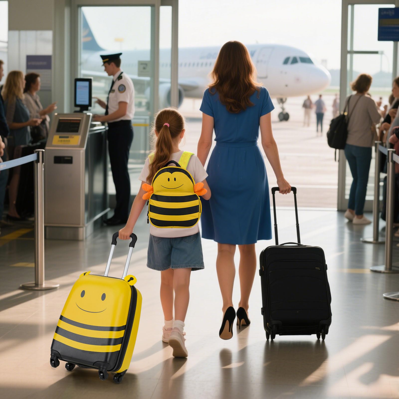 GOPLUS Kinderkoffer 2 TLG. mit Rucksack, Reisekoffer Set Kinder mit niedlichem Bienen-Rucksack & 18 Zoll Rollkoffer, 12”+16” Kindertrolley aus Kunststoff, Kindergepäck Flugzeug für Jungen & Mädchen