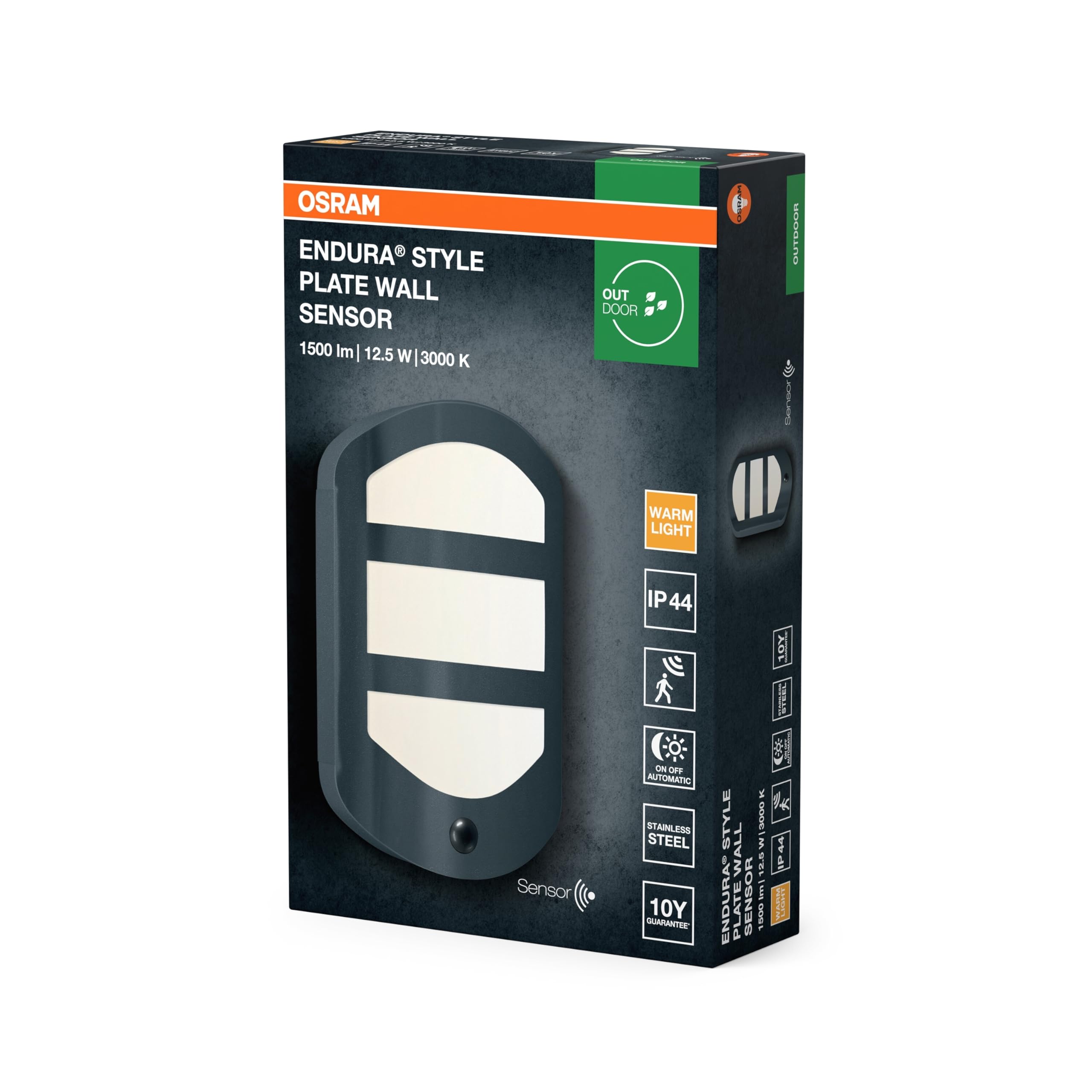 OSRAM ENDURA STYLE PLATE Wall Sensor, zewnętrzna lampa ścienna ciemnoszara, 12,5W, 630lm, 3000K, IP44, czujnik ruchu