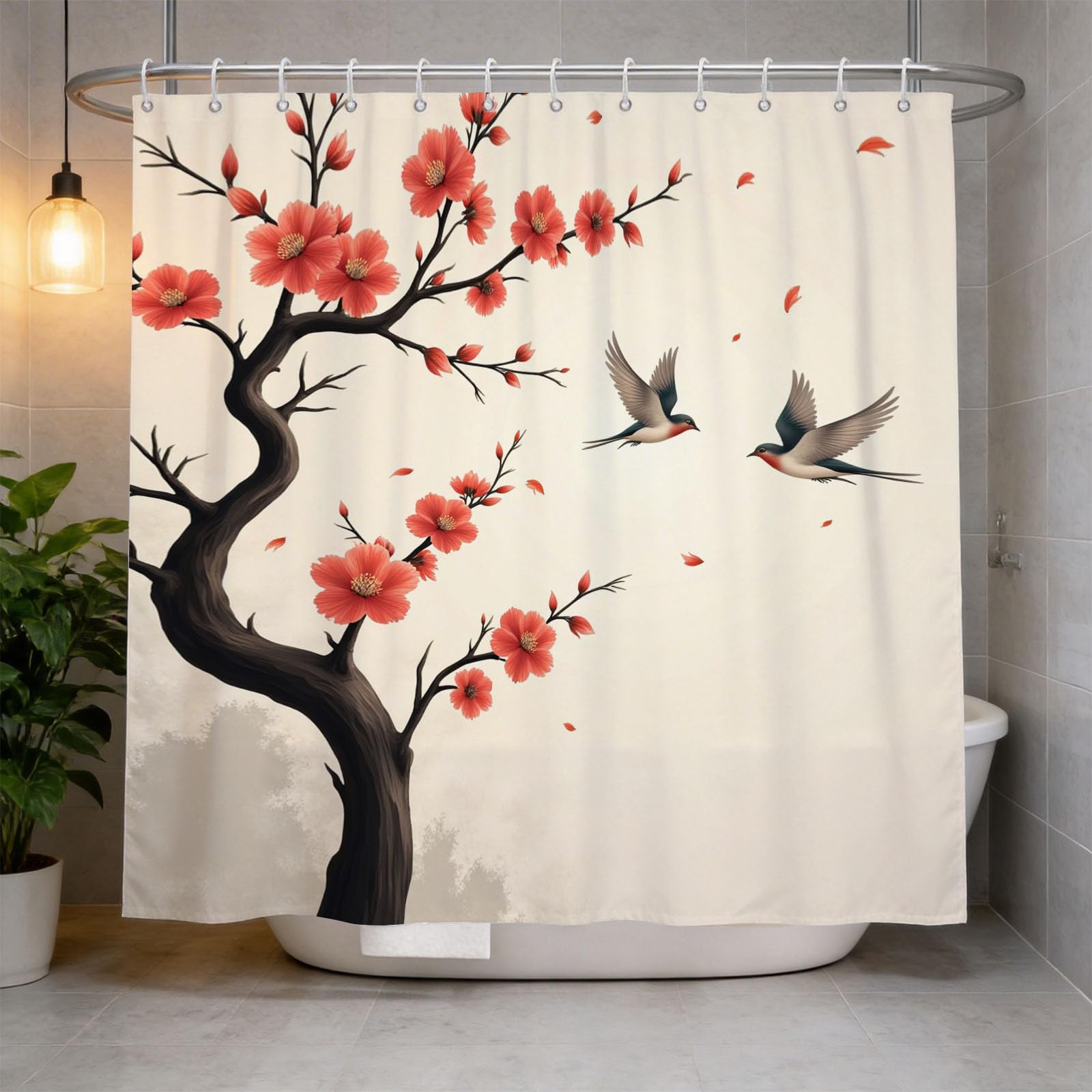 Hongduo 3D Cherry Blossoms Sakura Shower Curtain for Stalls Bathtubs Simple Themed Bathroom Decor Shower Curtain Set Polyester Fabric Waterproof 200x200cm/79X79 Inch with Hooks