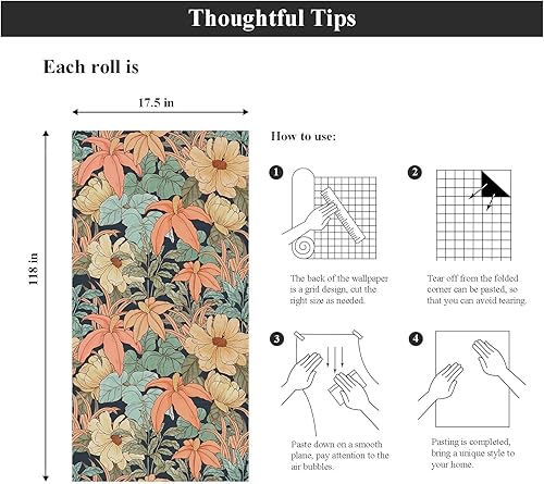 Miniatura 7 de Papel tapiz floral para despegar y pegar, papel tapiz vintage de margaritas de peonía, papel de contacto floral, mural de pared autoadhesivo de 17.5