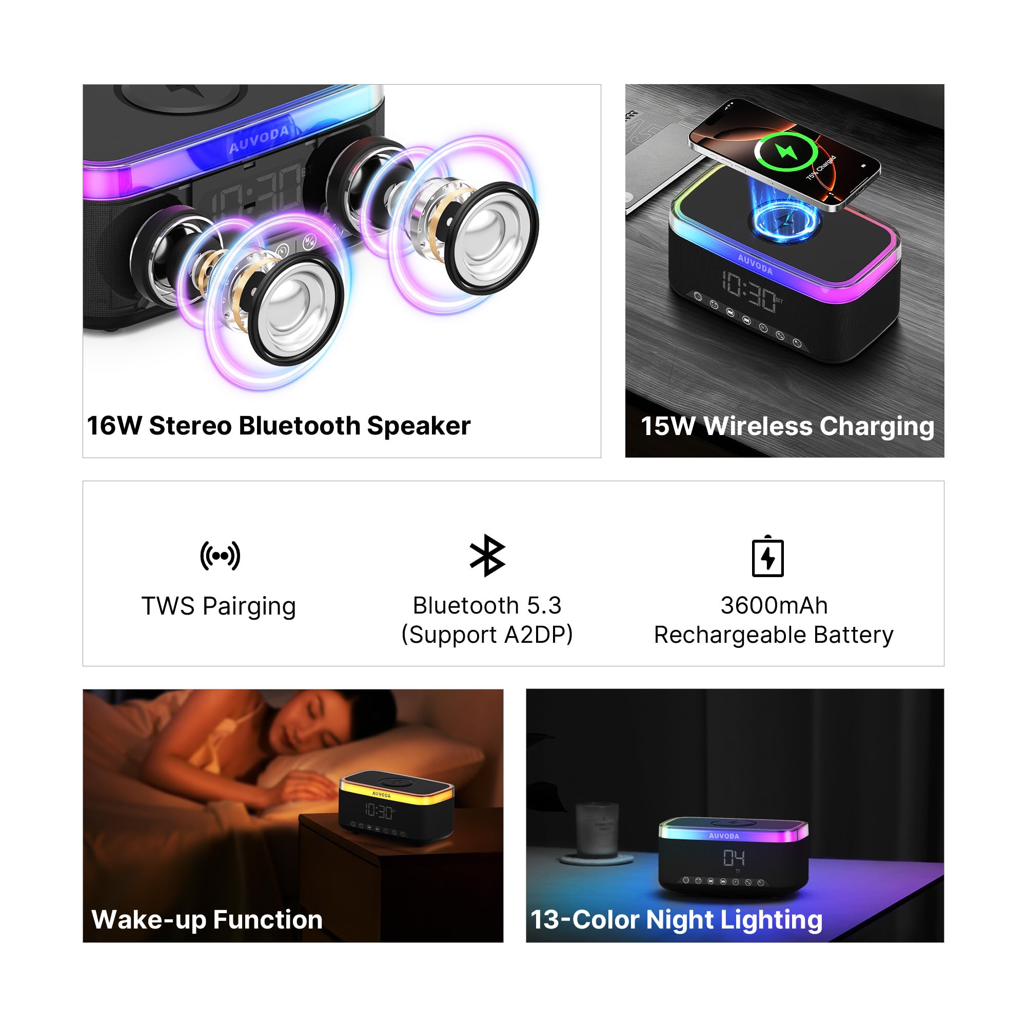 Altoparlante Bluetooth S300, altoparlante wireless portatile con ricarica wireless da 15 W, luce notturna a 13 colori, sveglia, stereo da 16 W, TWS, BT5.3, per smartphone, PC, computer, casa