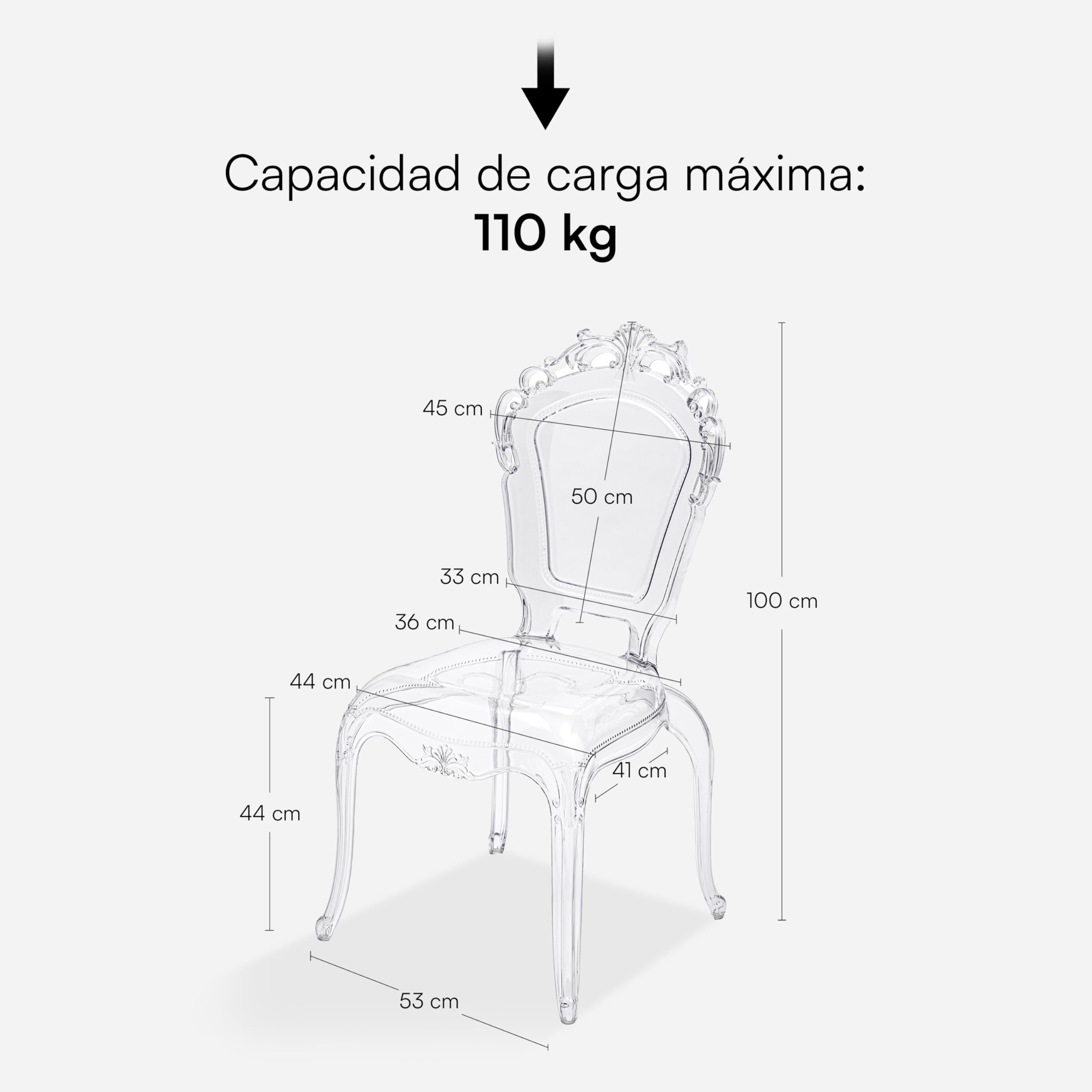 Baroni Home Juego de 4 Sillas Barrocas de Policarbonato Transparente, Asiento Impermeable y Apilable de Diseño Elegante para Salón, Comedor, Dormitorio, 53x53x100 cm