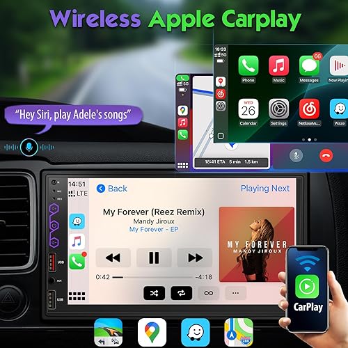 Miniatura 2 de Estéreo de auto doble DIN de 7 pulgadas con CarPlay inalámbrico y Android Auto, exclusivo DSP integrado, audio de alta potencia de 240 W, pantalla