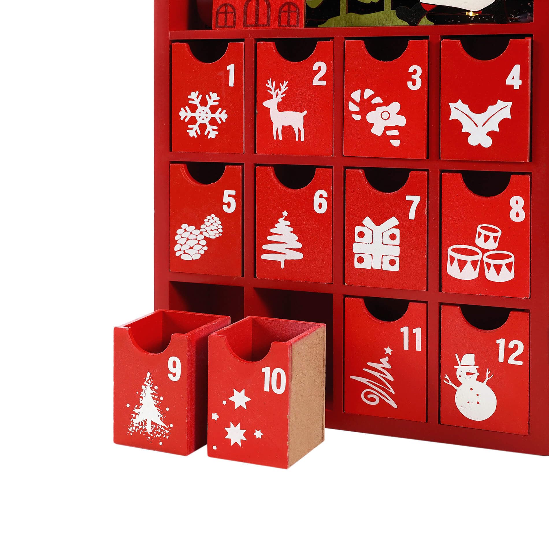 Rebecca Mobili Befüllbarer Adventskalender mit Schubladen und Lichtern, Holz, Rot, Wiederverwendbar, Weihnachtsgeschenkideen - Abmessungen HxBxT: 31 x 42 x 4,5 cm - Art. RE6891