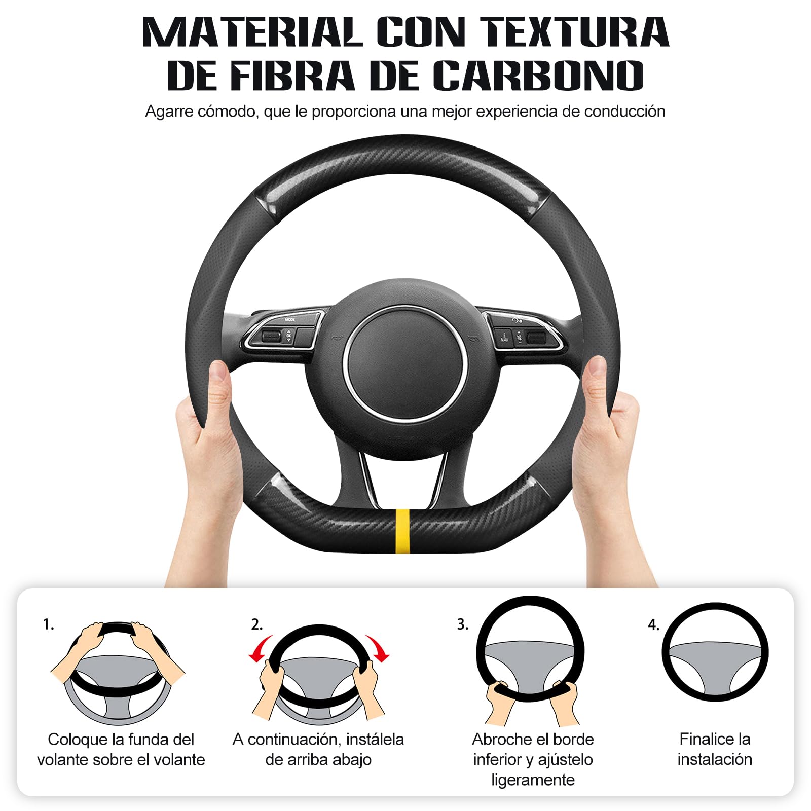Ergocar Funda Volante De Coche Antideslizante Volante D Fibra de Carbono & Cuero PU para Diámetro 38cm (15 ")