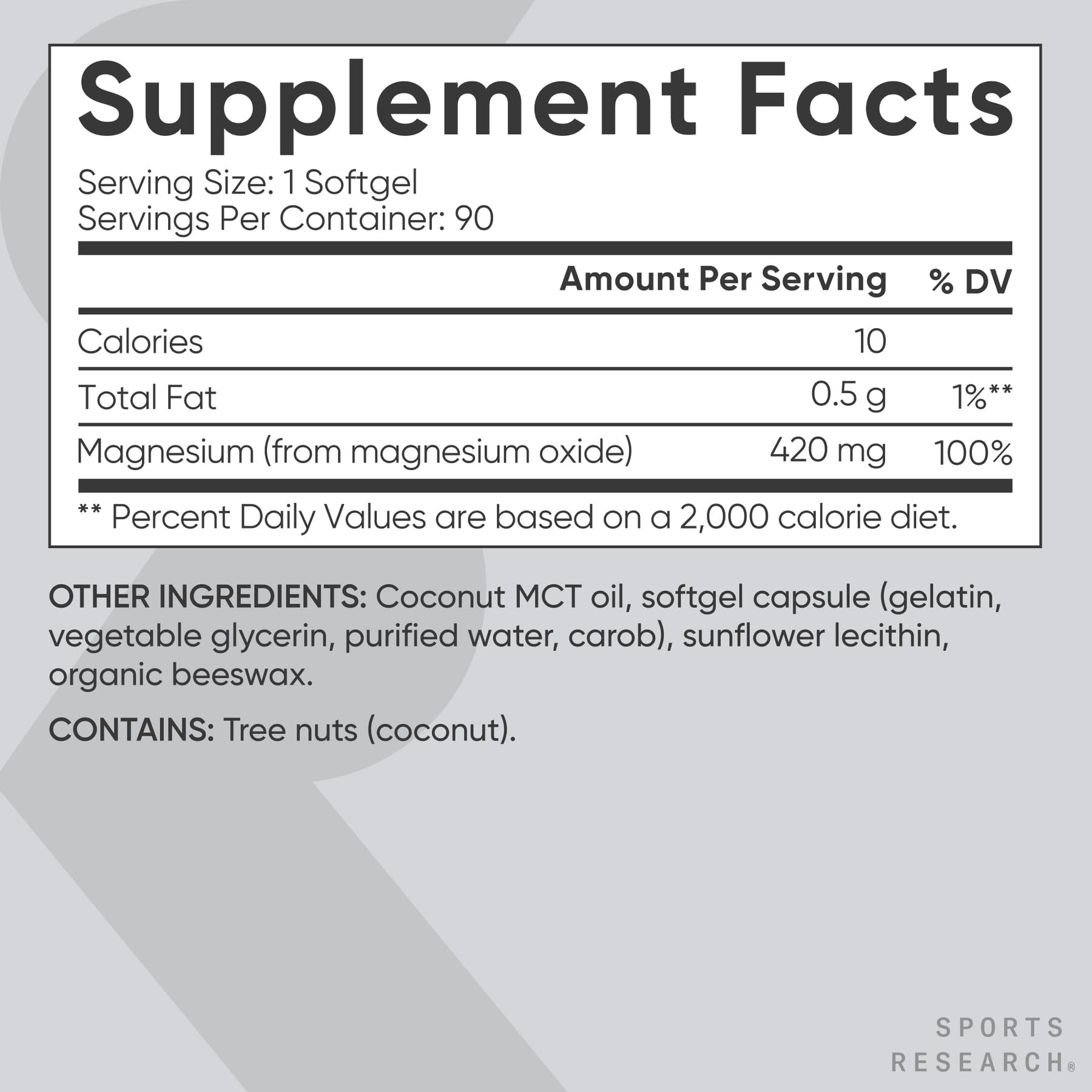 Sports Research® Óxido de magnesio 420 mg con aceite MCT de coco, 90 cápsulas blandas