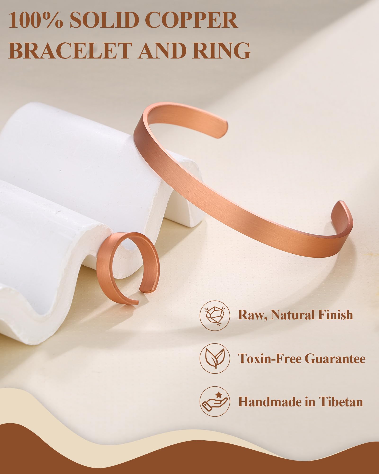 BioMag Pure Copper Bracelet and Ring Set – Copper Bracelet for Men & Women – 100% Solid, Raw & Uncoated Handmade Hammered Tibetan Cuff Bangle