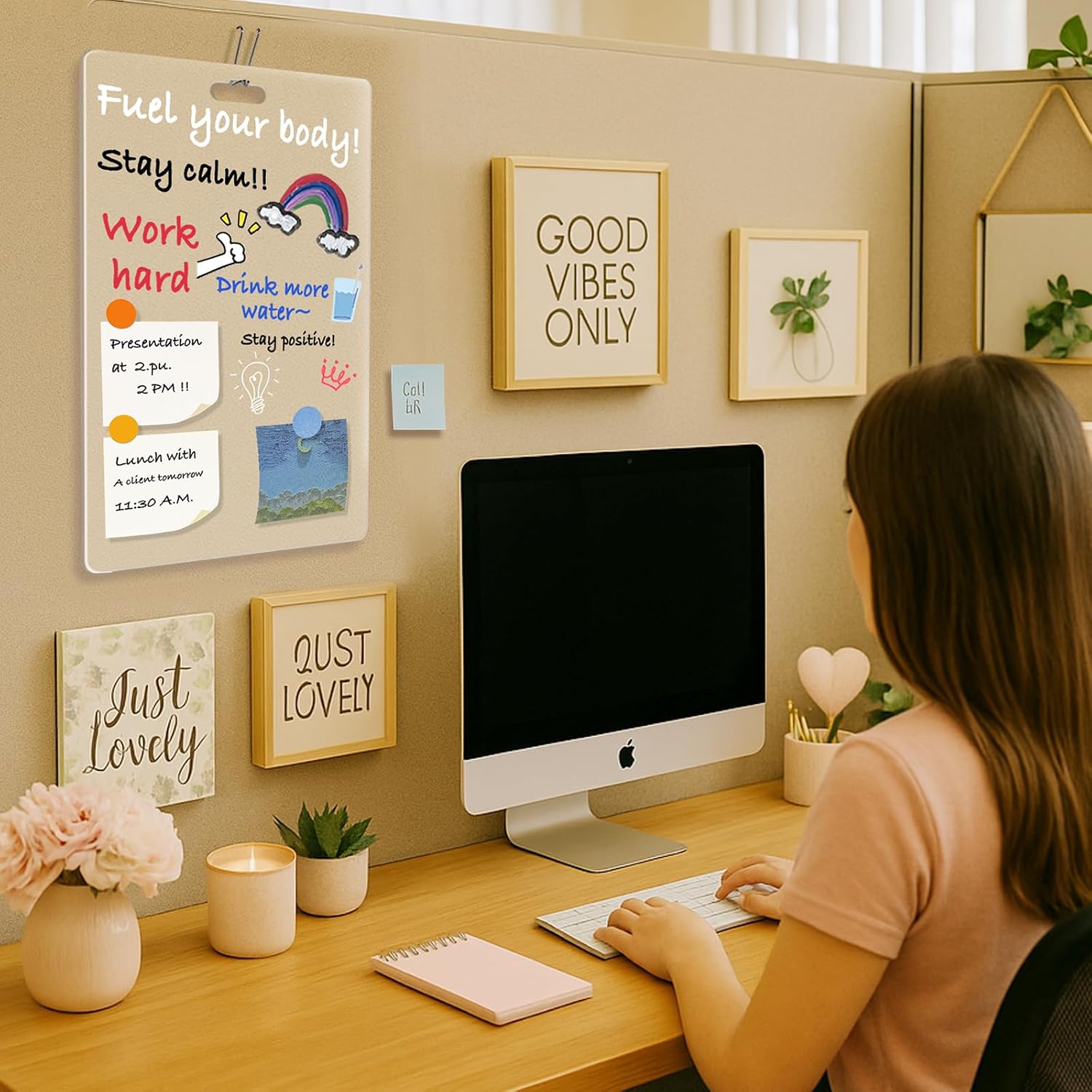 Fabric Wall Cubicle for Work Decor：Cubicle Decorations for Women Desk - Acrylic Office Supplies Sticky Note Board,Memo Board,Dry Erase Board - Office Wall Decorations