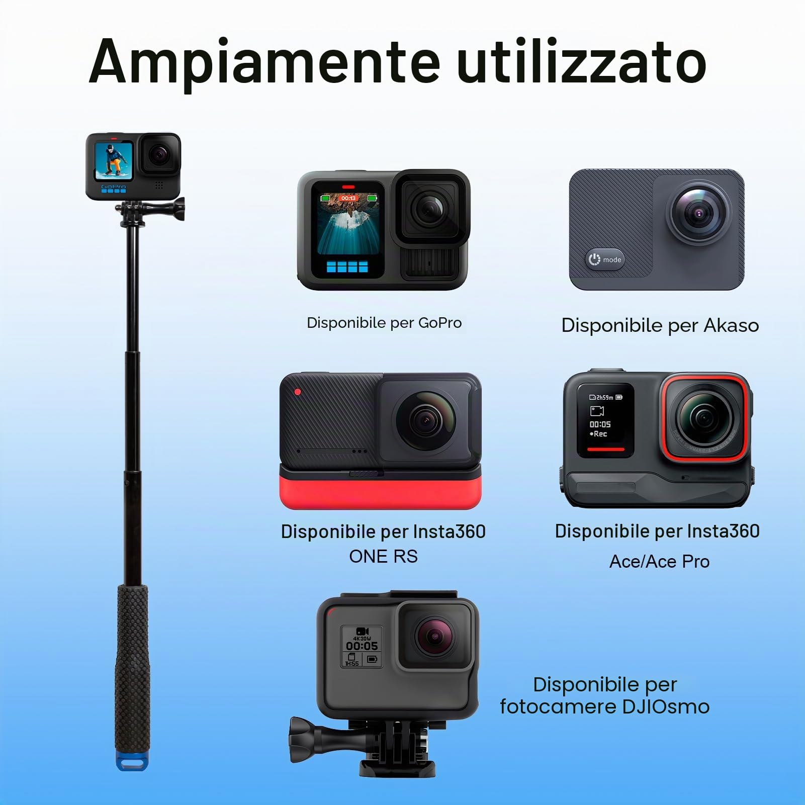 49CM Bastone Subacquea per GoPro, Bastone Selfie Telescopico Monopiede Allungabile Asta Impugnatura Selfie Stick per GoPro Hero 13/12/11/10/9/, per DJI, per Insta360 Ace Pro e altre Action Camera
