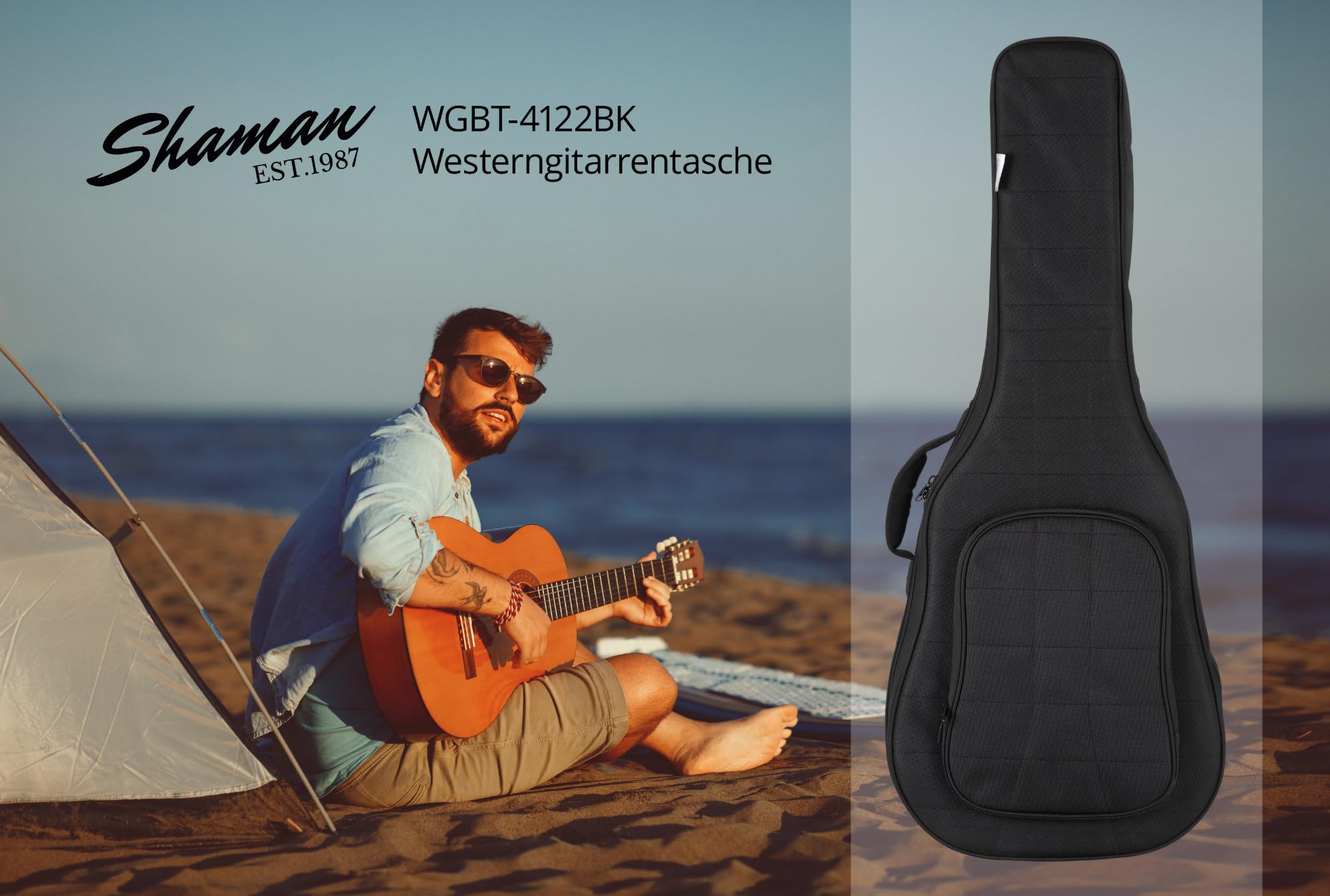 Shaman WGBT-4122BK Westerngitarre Tasche - Dick gepolsterter Gigbag für Akustikgitarren - Verstellbare Halsstütze - Gepolsterte Außentasche mit extra Tablet-Fach - Mit Rucksackgarnitur - Schwarz